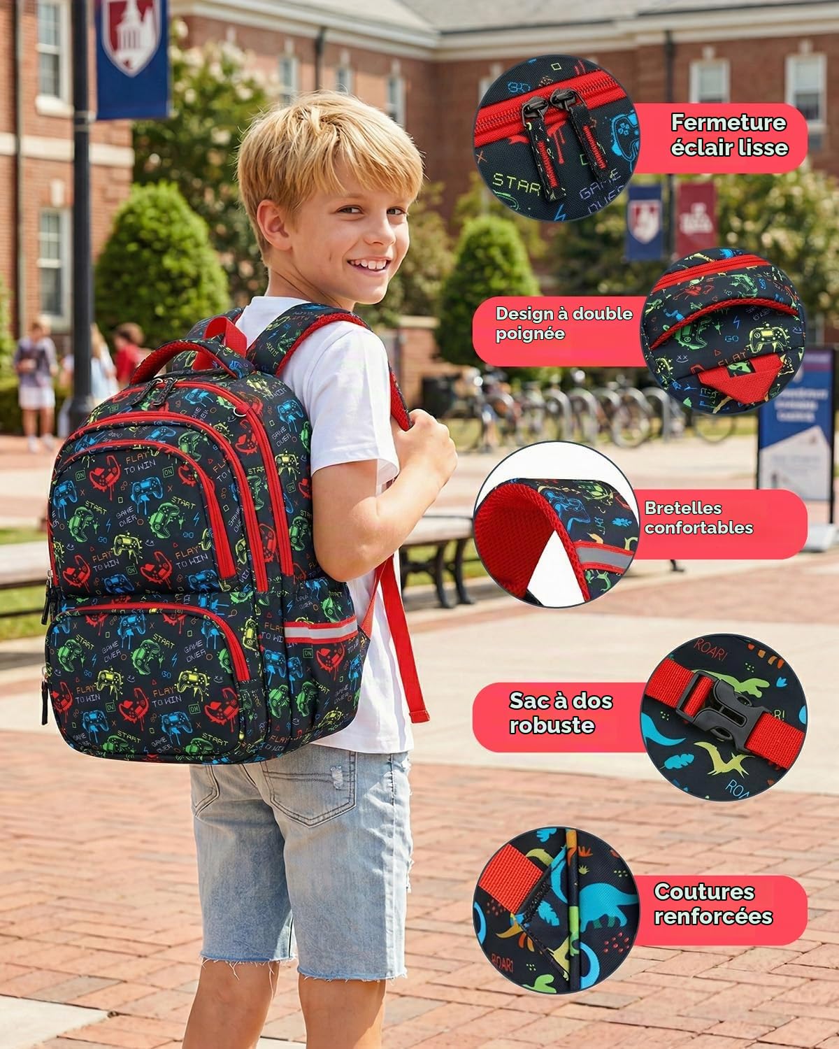 Amythe Set 3 pièces Cartable Garçon dès 1ère année Réflecteurs | Sac à dos Enfant Sac Repas Trousse Primaire Garçon 6-10 ans Imperméable Sangle 25L