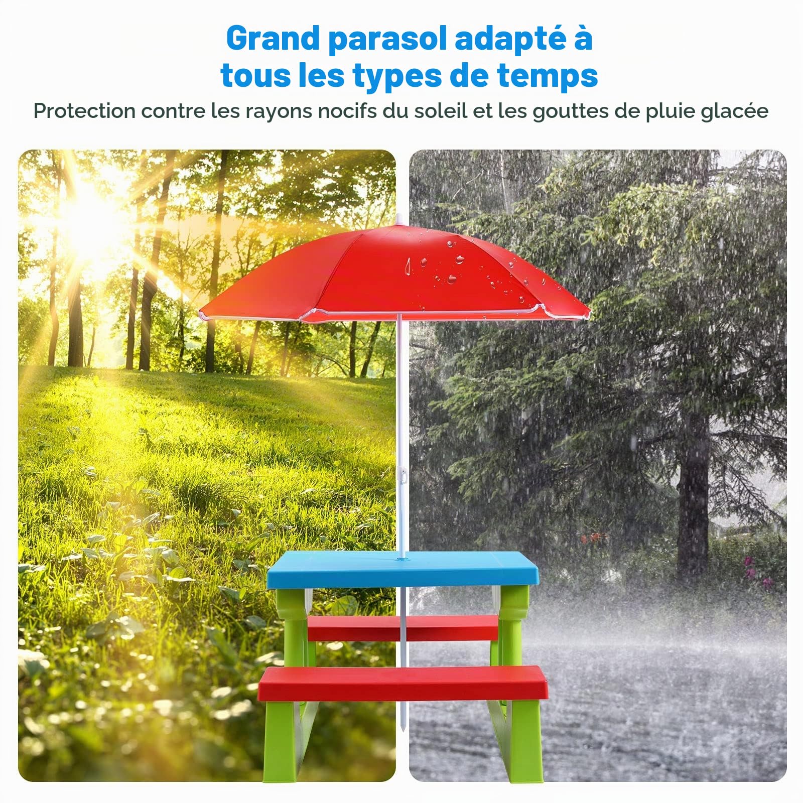 GIANTEX Table de Pique-Nique pour Enfants, Ensemble de Table et Chaises avec Pare-Soleil Amovible,Ensemble Salon de Jardin pour Enfants de Plus de 3 Ans, pour Jardin, Terrasse, Parc(Bleu+Vert+Rouge)
