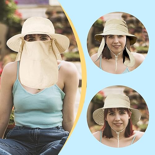 Miniatura 2 de Sombrero de pesca para hombres y mujeres, sombrero de ala ancha con protección solar UV para exteriores con cubierta facial y solapa para el cuello