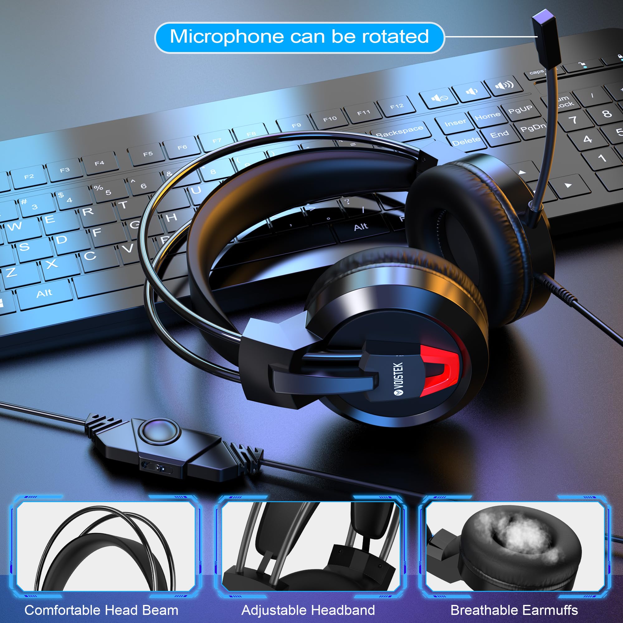Voistek Cuffie da gioco per PC, PS4, PS5, Xbox, cuffie over-ear con suono surround, cuffie cablate da 3,5 mm con microfono a cancellazione del rumore, nero