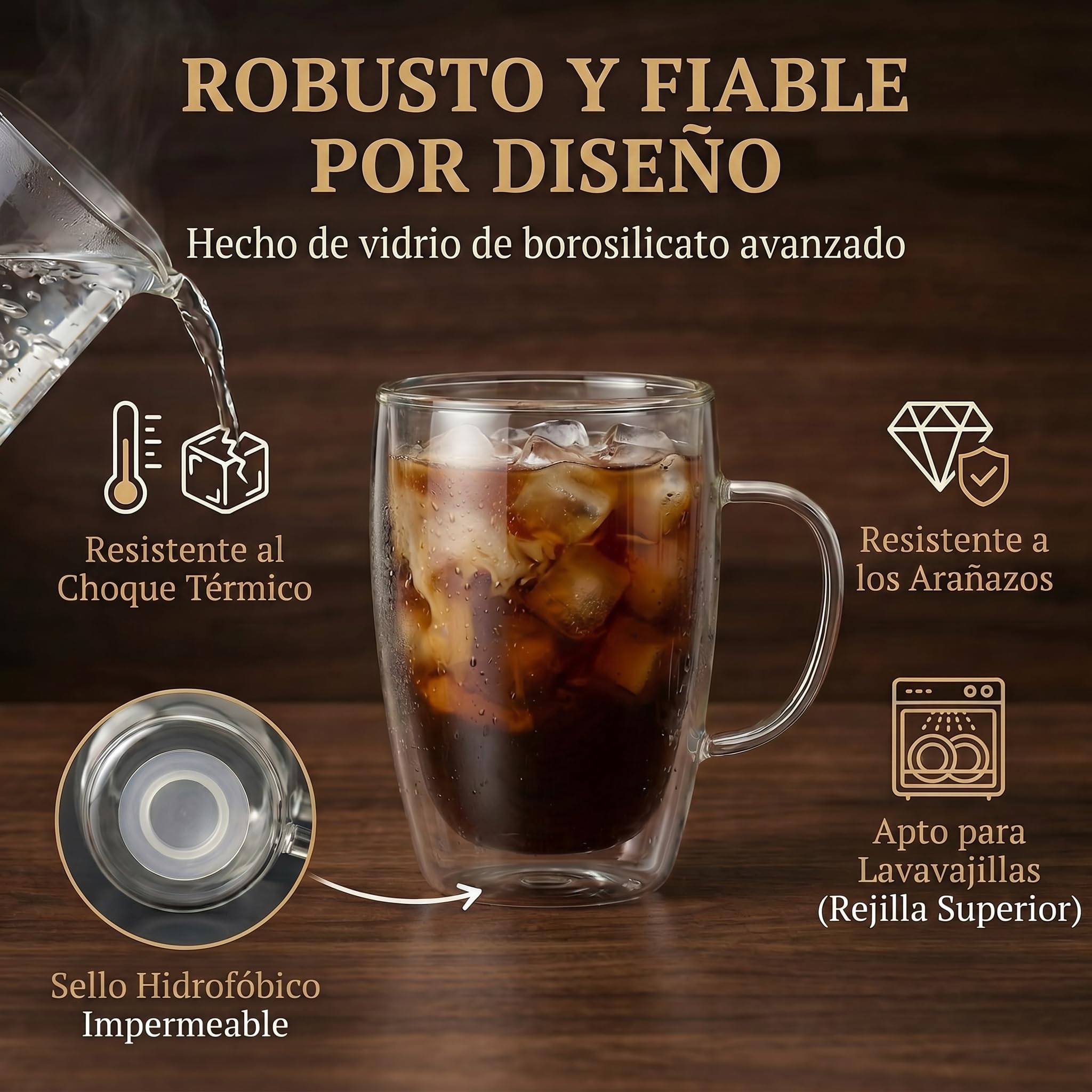 Dimono® Vasos de Doble Pared con Asa, 450 ml – Set de 6 | Vidrio borosilicato soplado a mano – efecto flotante – apto lavavajillas – ideal latte, cócteles y agua