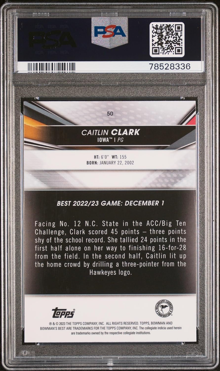 Caitlin Clark 2022 Bowman University Best Rookie Card #50 Graded PSA 10