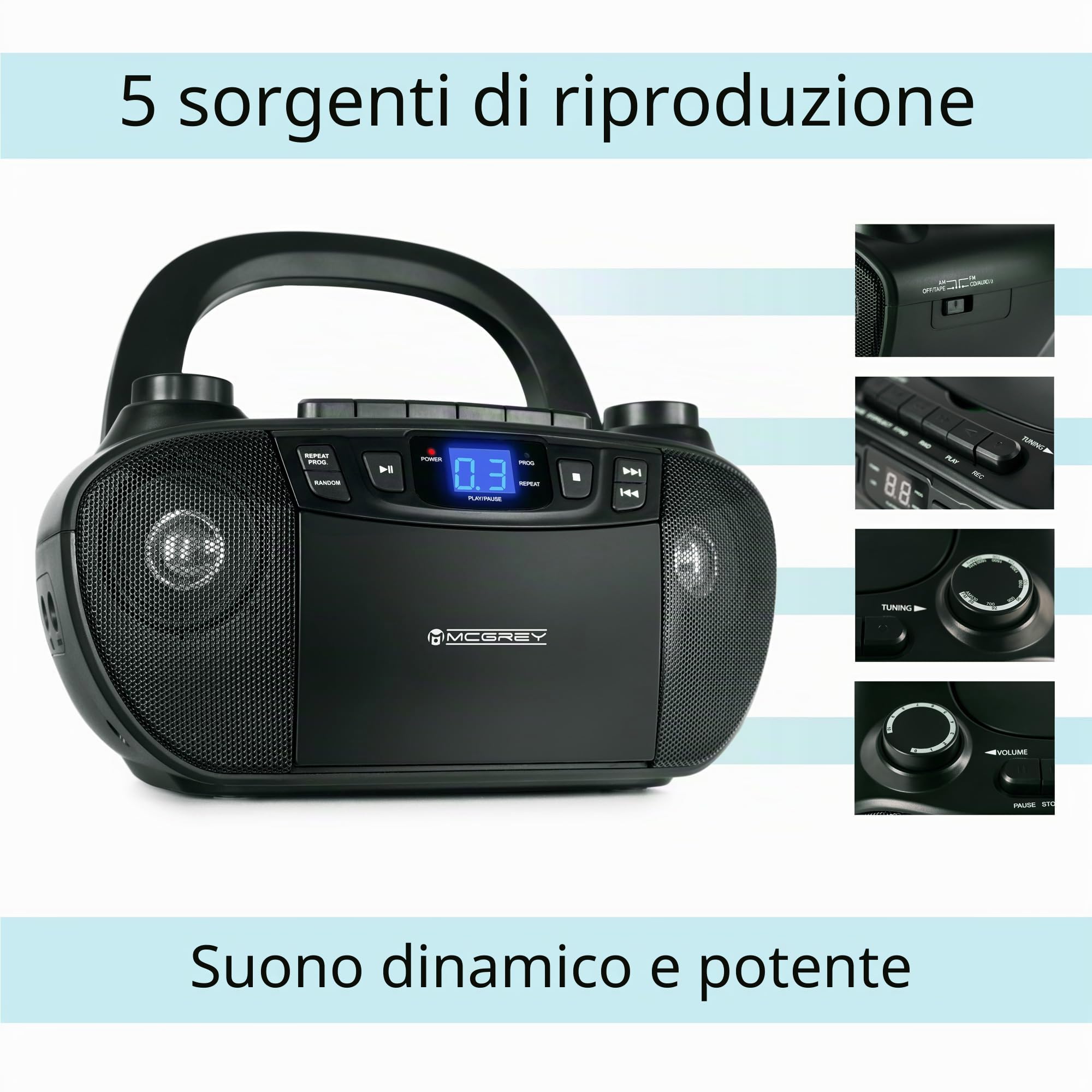CDB-1016 BK Boombox con cassetta, lettore CD, radio portatile, registratore con ingresso AUX e uscita cuffie - Funzionamento tramite cavo o 6 batterie