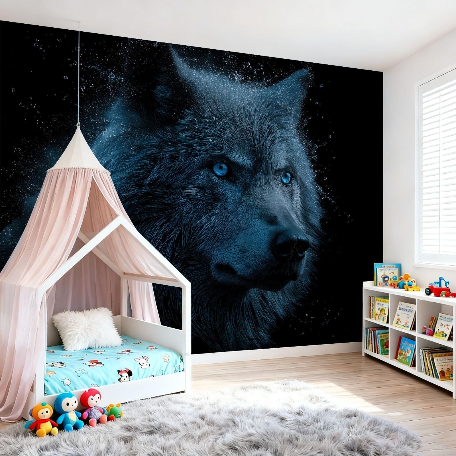Tapeta z włókniny 350 x 256 cm, fantastyczne zwierzę wilk, dekoracja ścienna do głównej sypialni i salonu, czarno-niebieska