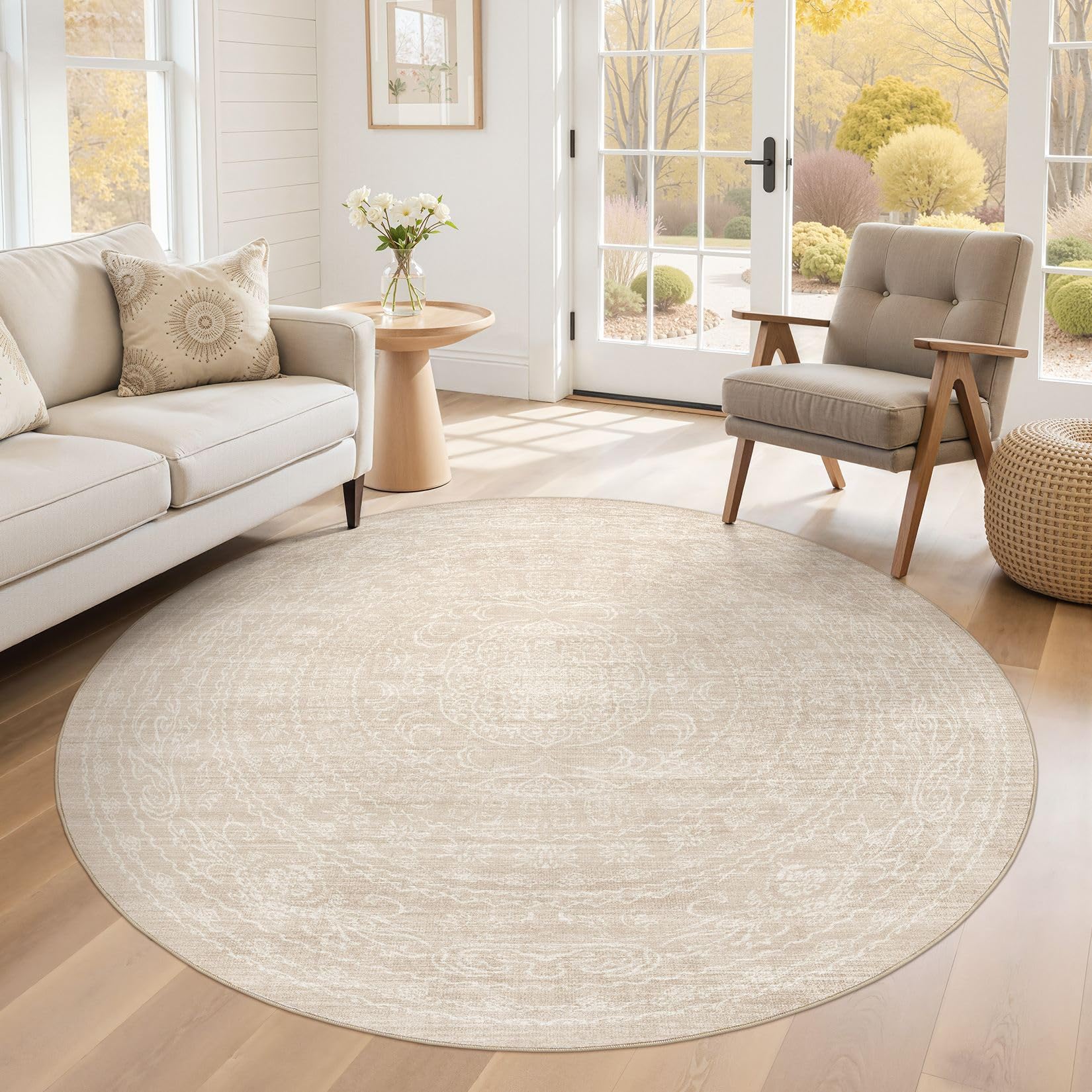 5x7 Area Rugs Living Room: Washable Large Vintage Beige Rug Neutral Non-Slip Soft Stain Resistant Indoor Carpet for Bedroom Nursery Dining Room Under Table Bed Home House Office Playroom — view 29