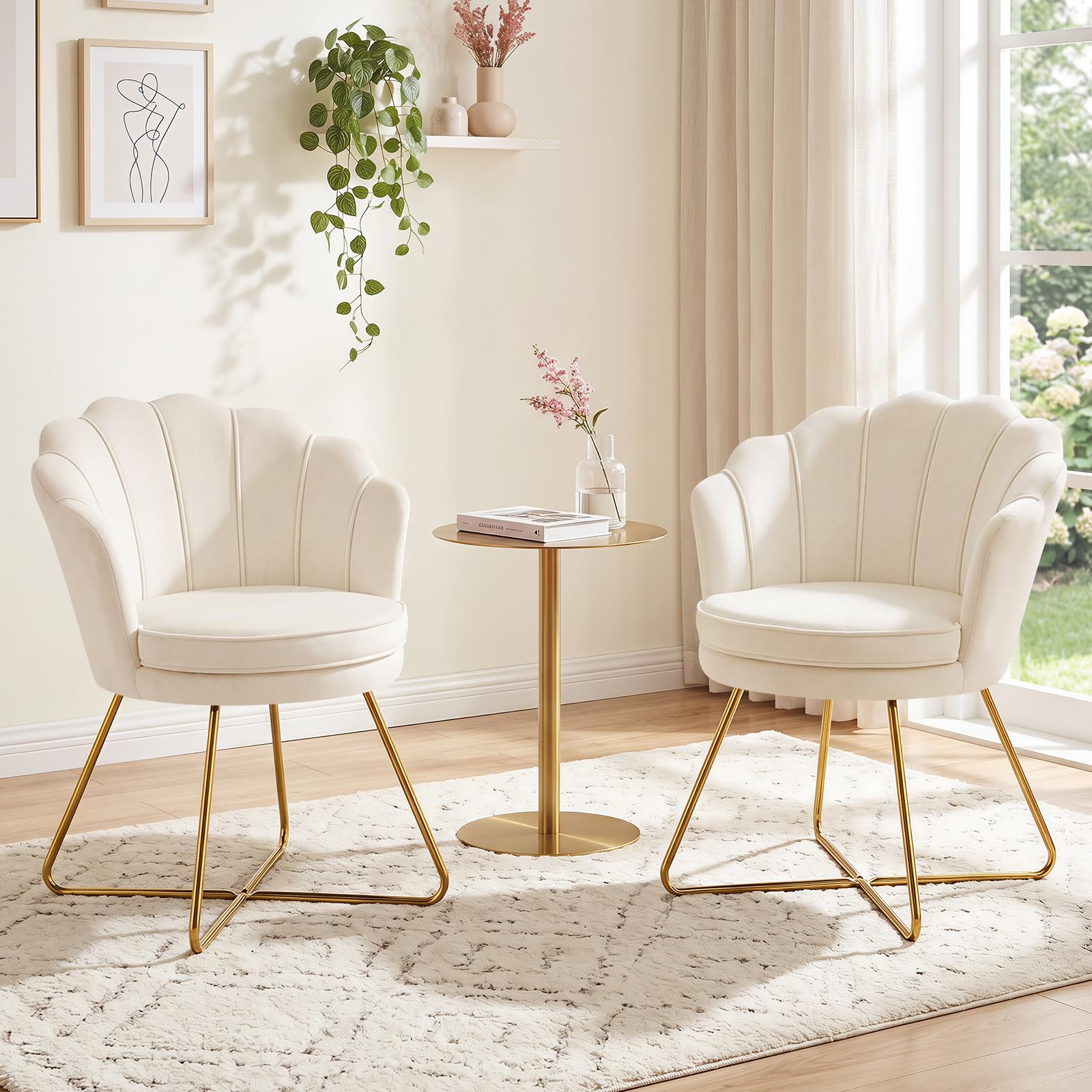 Hellove Vanity Chair with Gold Metal Legs, Set of 2 Velvet Accent Chair with Shell-Shaped for Bedroom Living Room, Comfy Upholstered Dressing Table Chair for Makeup Room Vanity Home Office, Beige