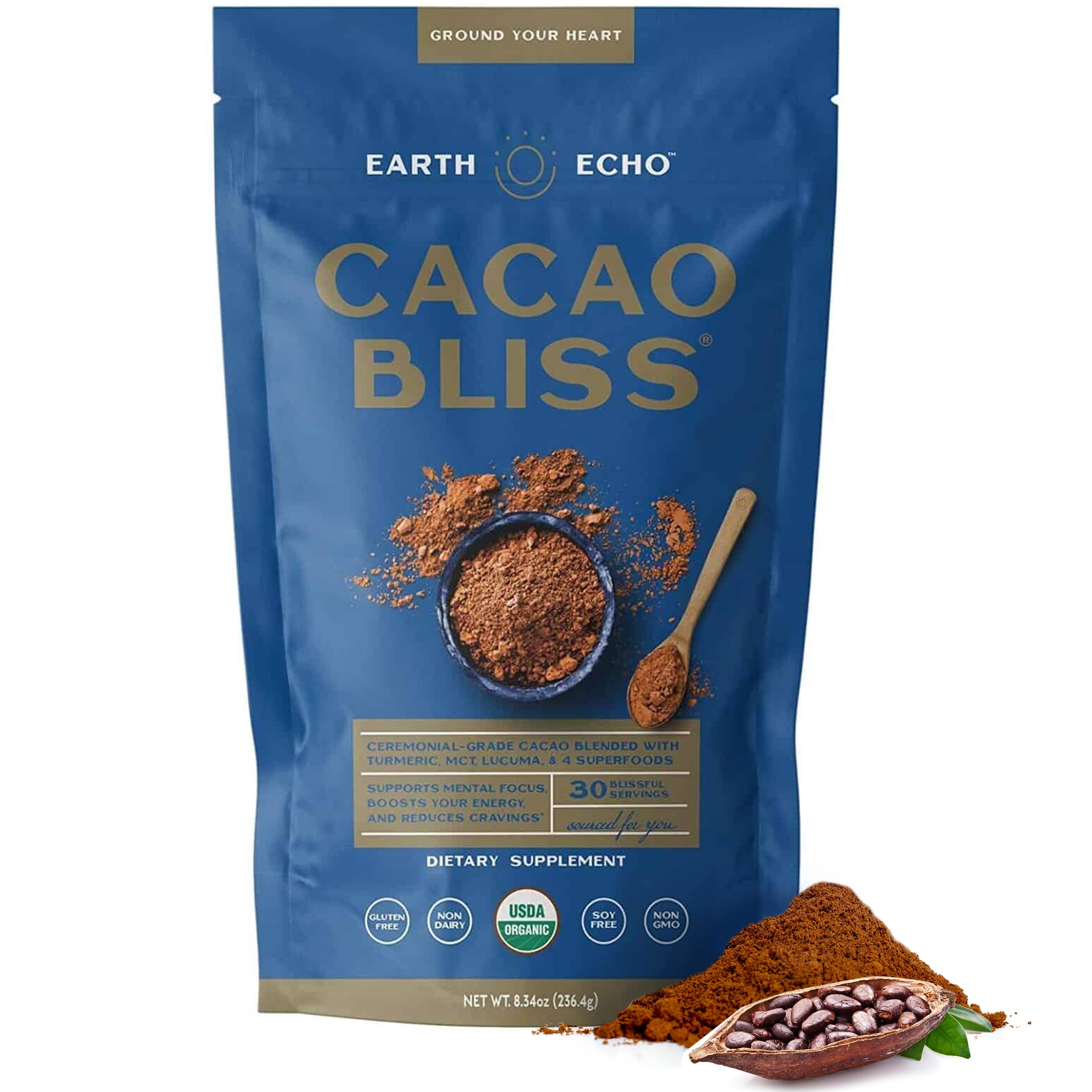 Earth Echo Cacao Bliss Organic Superfood Powder with MCT Oil and Turmeric for Natural Energy, Reduced Cravings, and Boosted Mental Clarity, Dairy-Free, Gluten-Free, Keto-Friendly, 30 ServingsUSDA Organic