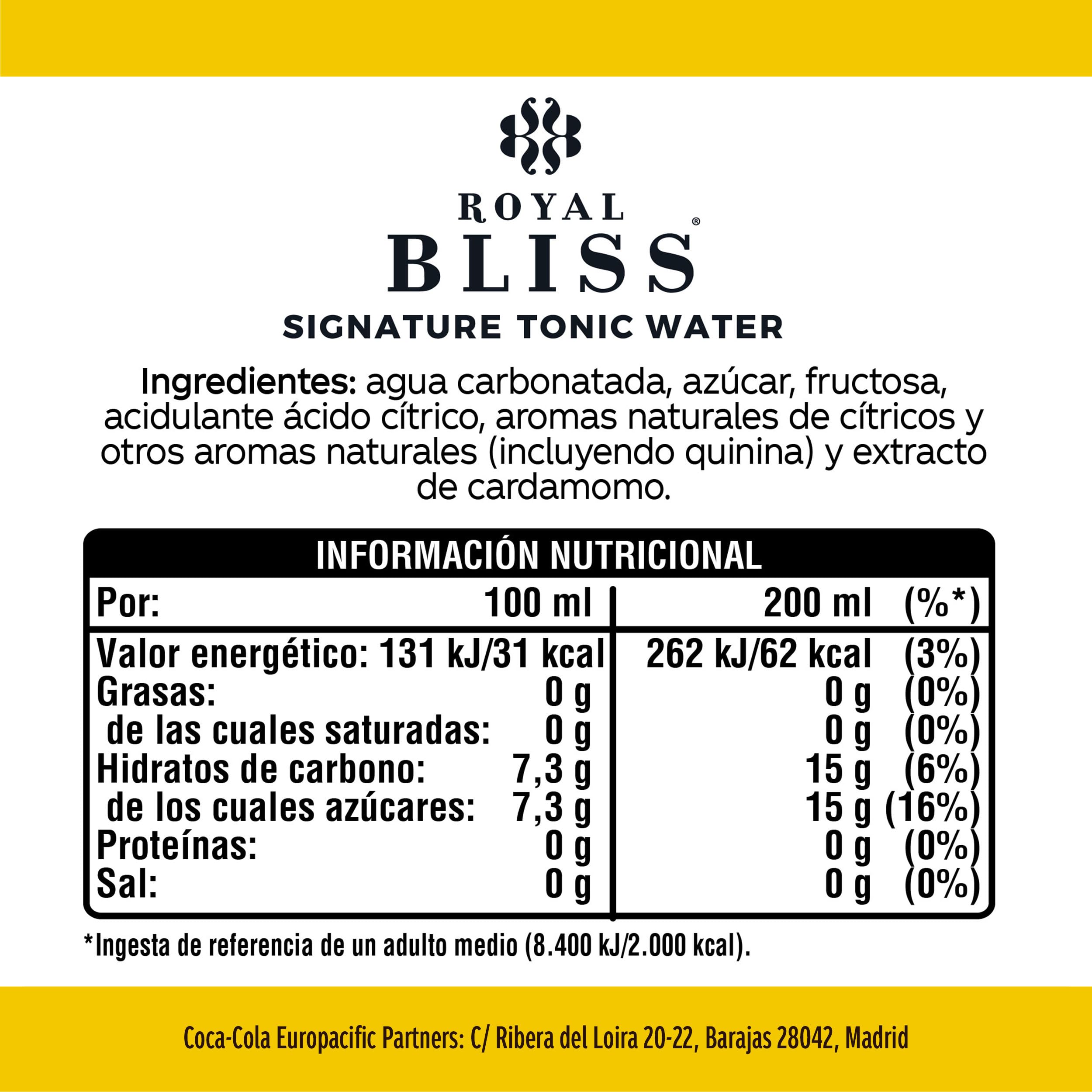 Royal Bliss Signature Tonic Water, Tónica Aromatizada y Refrescante - Pack de 24 Botellas de vidrio 200 ml