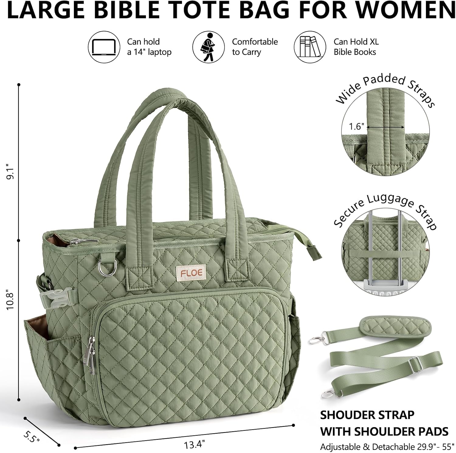 Large Bible Bag for Women Bible Cover Case, Quilted Puffer Bible Tote Bag Church Bag w/Shoulder Strap, Bible Study Supplies Journaling Kit Accessories Tabs, Mothers Day Christian Gifts for Women Mom