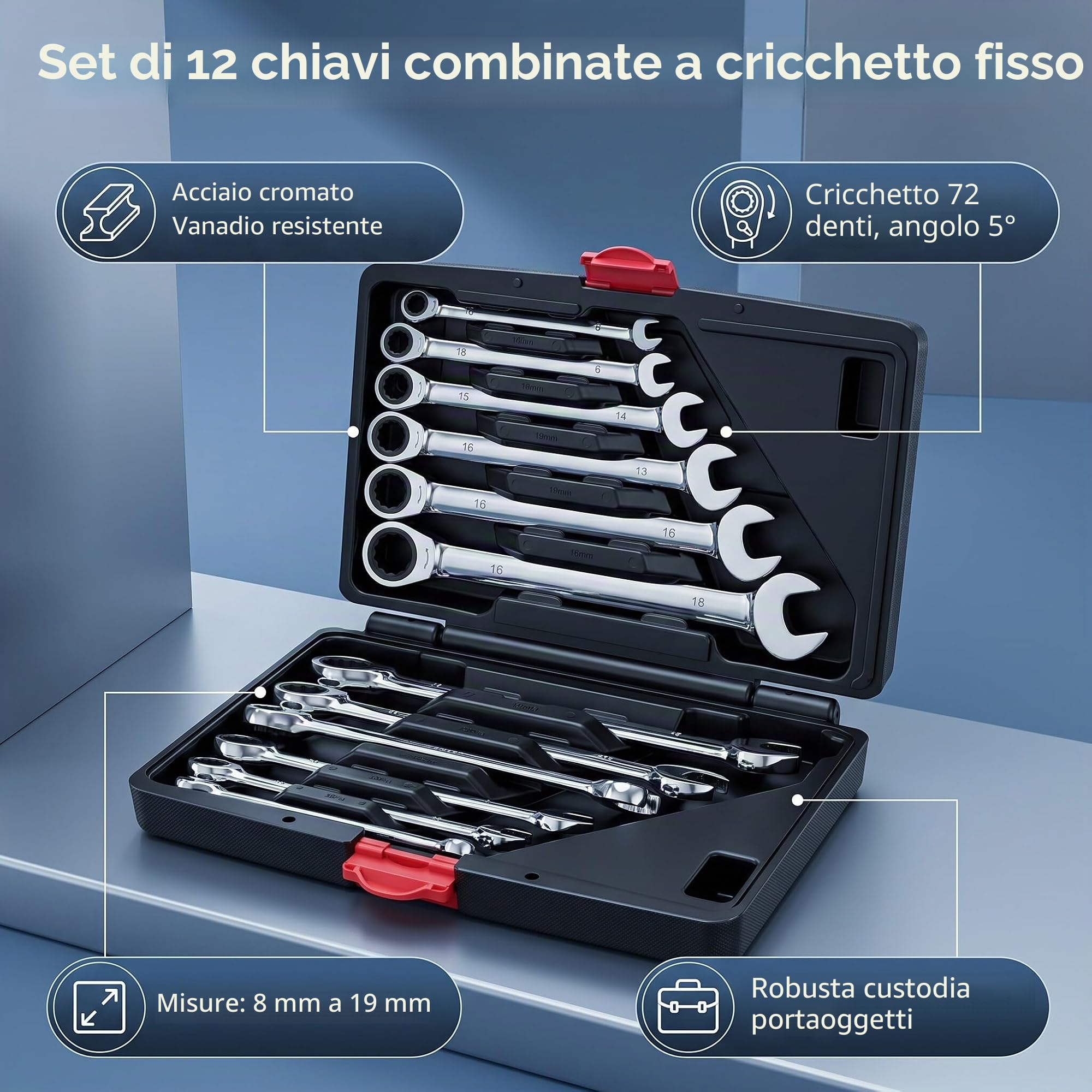 Estink Set chiavi fisse a cricchetto 8-19mm, 12 pezzi in vanadio cromato, Chiavi combinate flessibili per auto e fai da te, Custodia inclusa, Angolo di ritorno 5° con 72 denti
