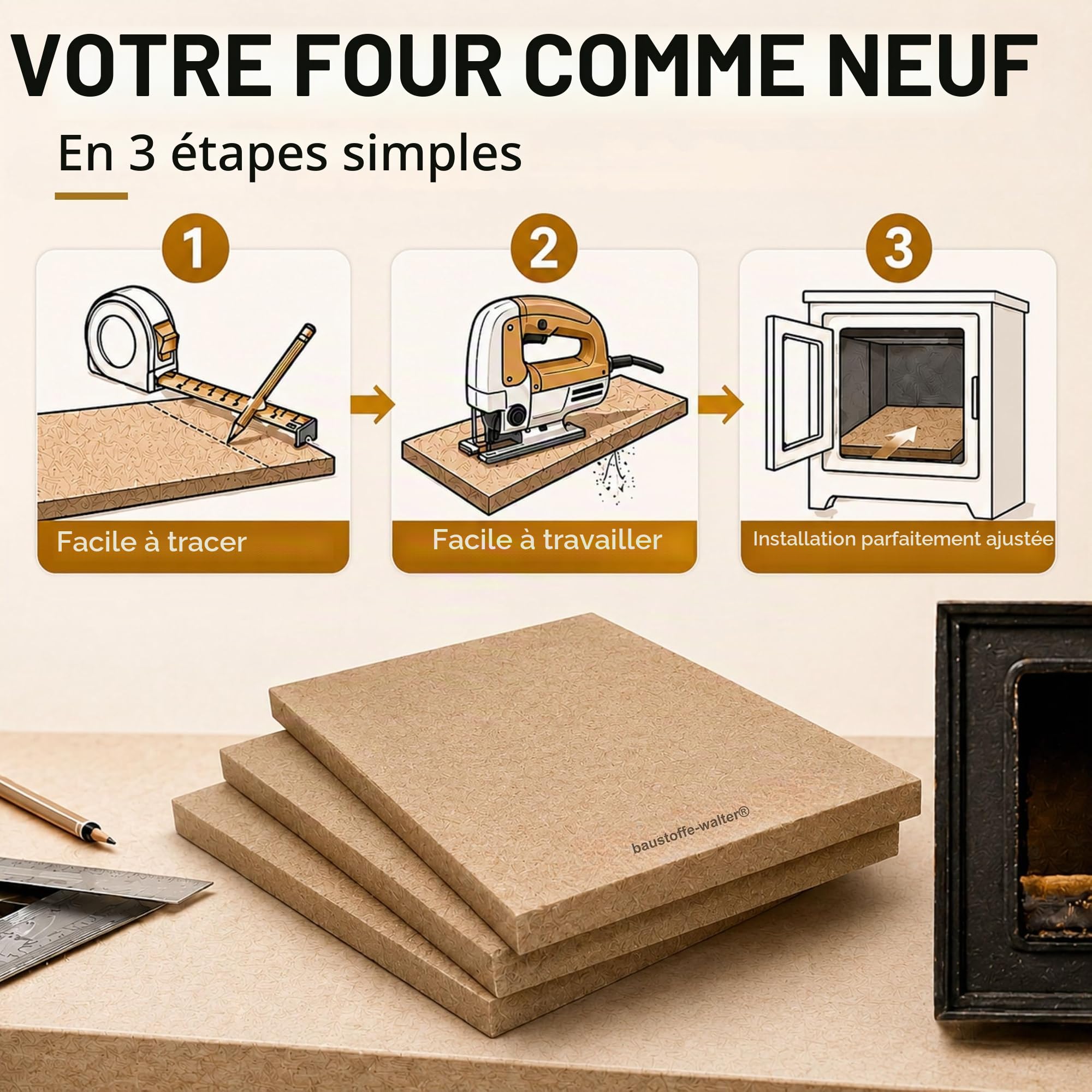 Lot de 3 plaques de vermiculite chamotte de rechange, 500 x 300 x 30 mm, revêtement de chambre de combustion