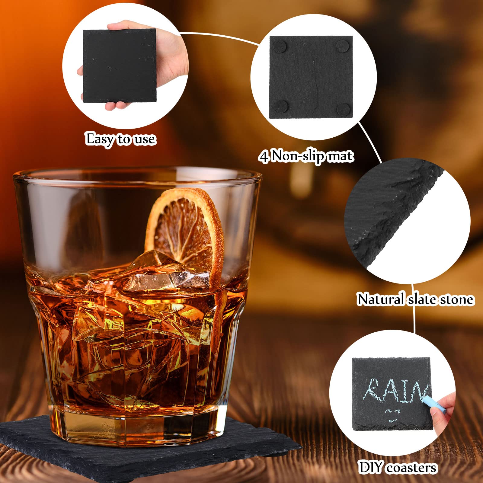 48 Pieces Slate Drink Coasters, 4 Inch Black Coasters Stone Coaster Set, Lase