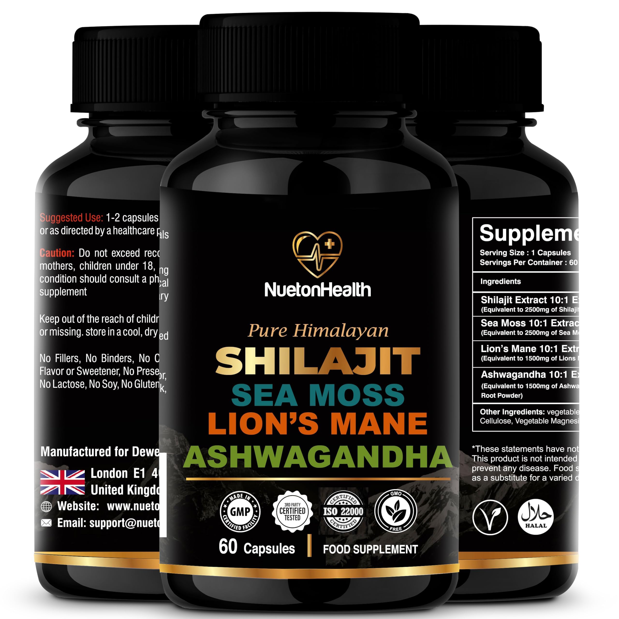 Shilajit, Sea Moss, Lion's Mane, and Ashwagandha Capsules - Comprehensive All-in-One Wellness Supplement for Mind, Body, and Vitality - 60 Vegan Capsules