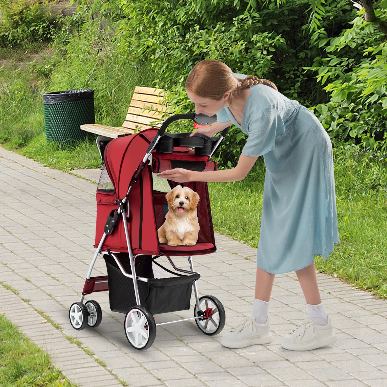 COSTWAY Passeggino per Cani, Carrozzina per Cani Pieghevole Fino a 15 kg, 4 Ruote con Finestra a Rete Porta Bicchiere e Cesto, Passeggino Portatile per Animali Piccola e Media (Rosso)