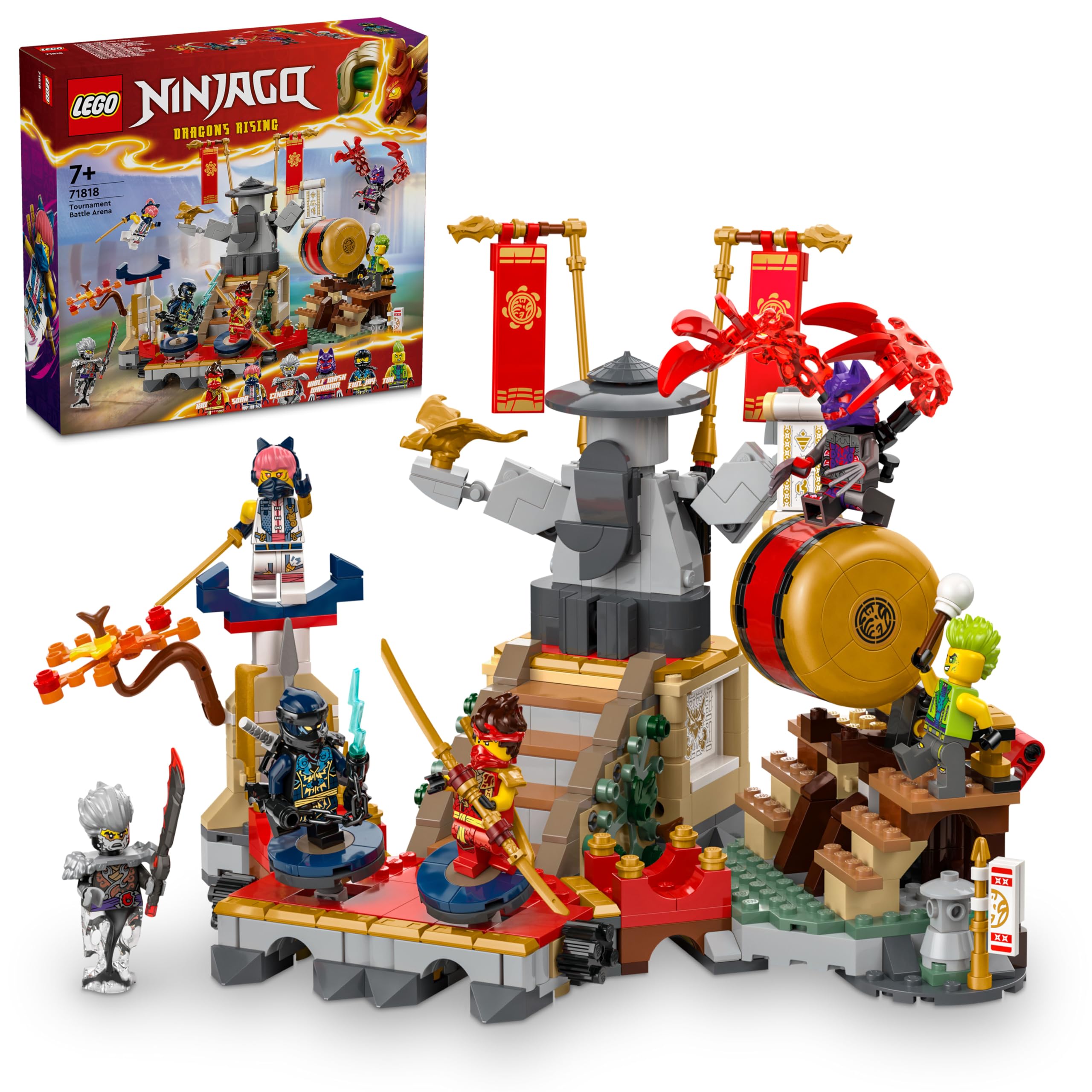LEGO NINJAGO Torneo: Arena di Battaglia, Giochi d'Avventura per Bambini e Bambine da 7 Anni con 6 Minifigure di Eroi Giocattolo Ninja e Tempio con Funzioni da Costruire, Regalo di Compleanno 71818