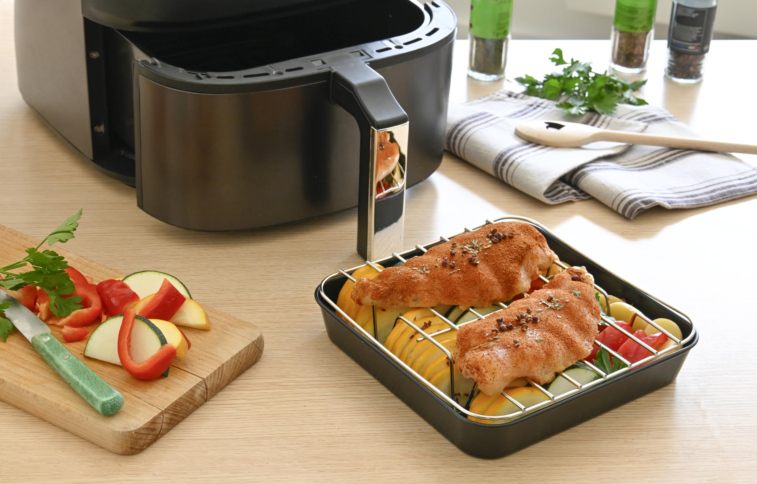 patisse 72855 - Set stampo quadrato in acciaio rivestito senza PFAS, 20 cm + griglia di cottura in acciaio inox 20 cm per friggitrice ad aria calda aria friggitrice XL e XXL, nero