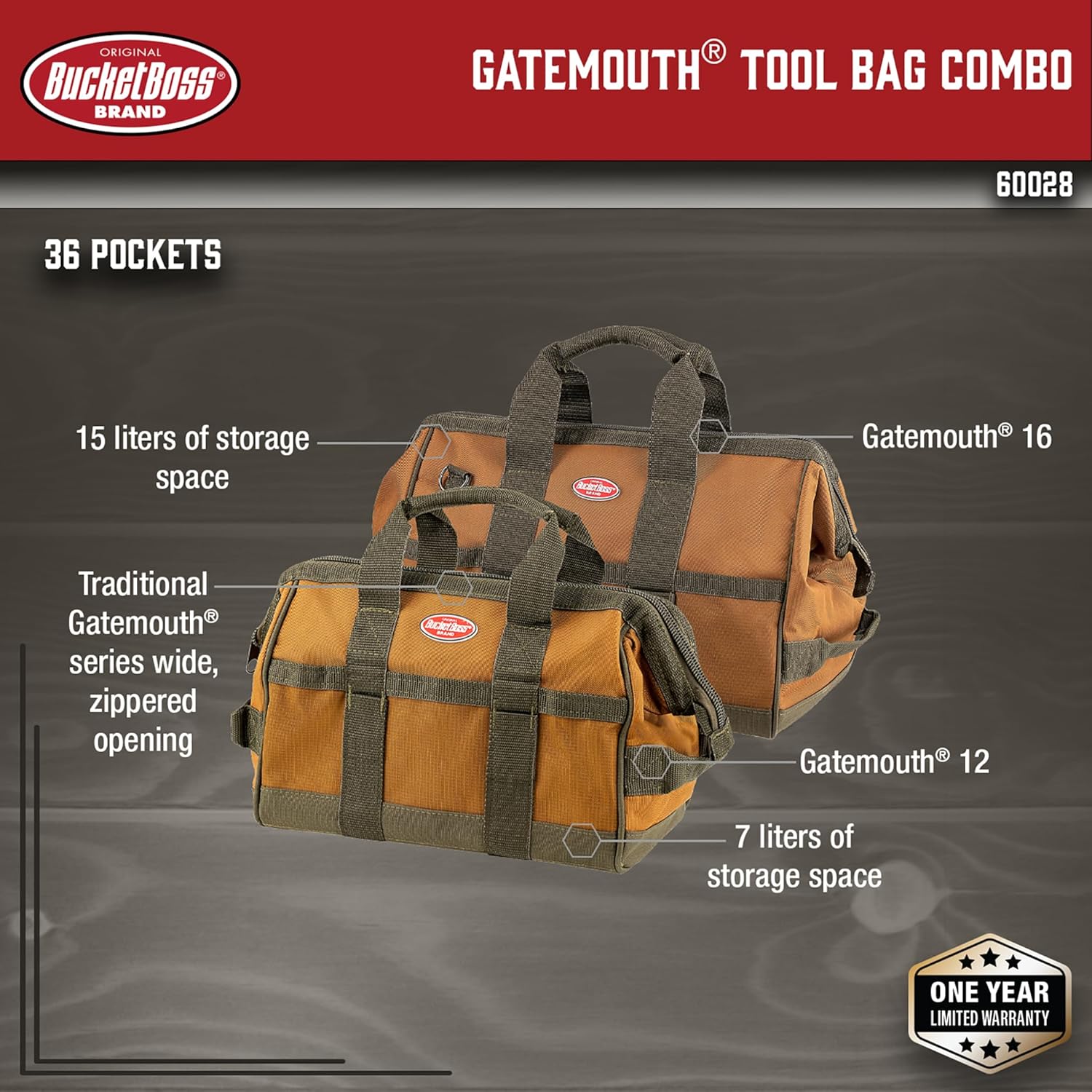 Bucket Boss - Gatemouth Tool Bag Combo, Tool Bags - Original Series (60028) , Brown