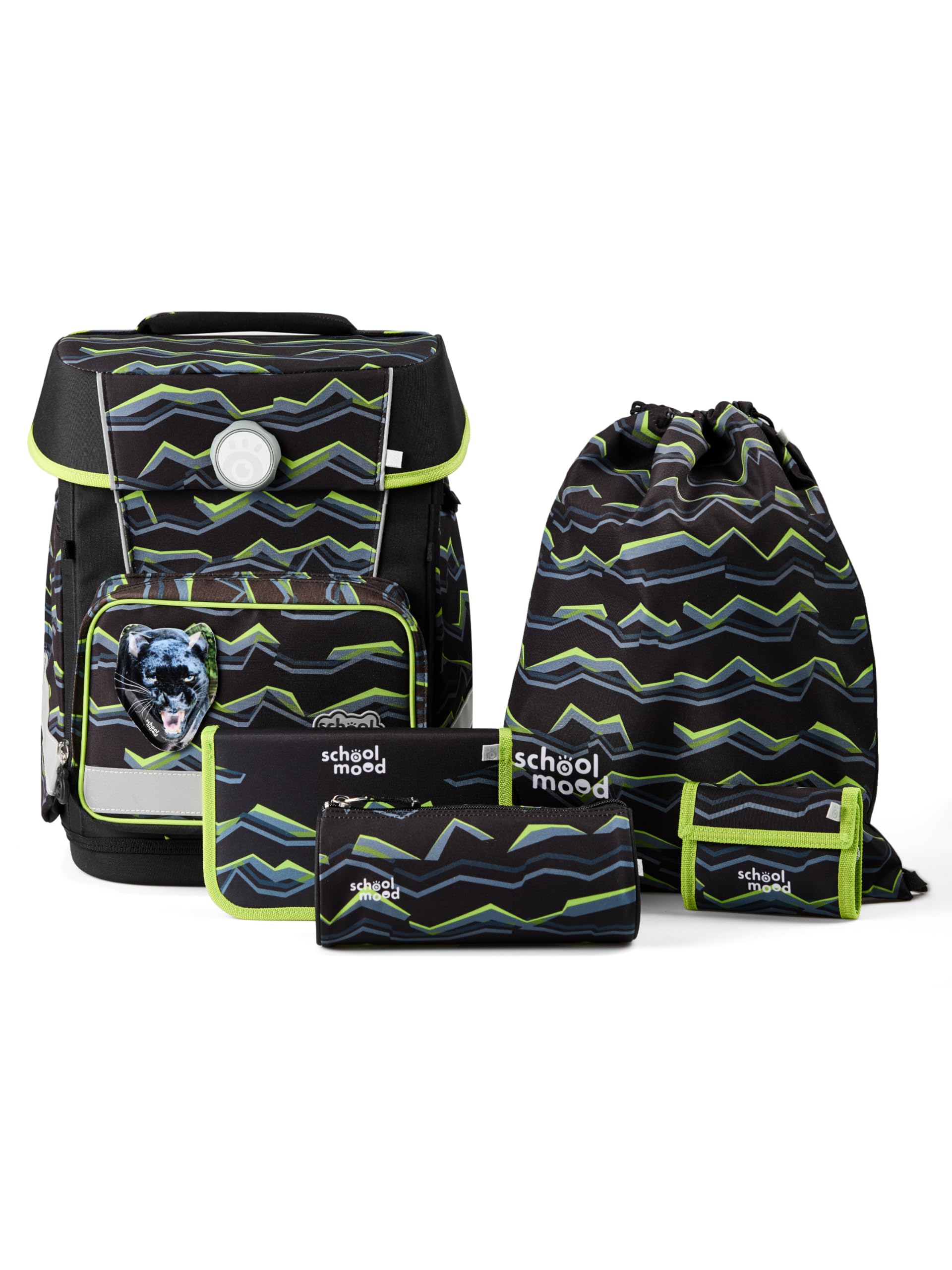 SCHOOL-MOOD Champion Maxx Finn (Panther), 6-tlg. Schulranzenset höhenverstellbar, 22 Liter, 1,1 kg Grundschule 1.-4. Klasse, Modell 2026