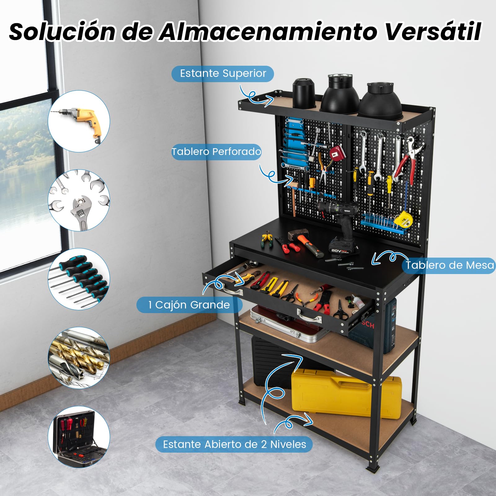 COSTWAY Banco de Trabajo con Tablero Perforado, Banco de Trabajo para Almacenamiento de Herramientas con Estantes y Cajones, 14 Accesorios para Colgar, Mesa de Trabajo para Garaje (Negro y Azul)