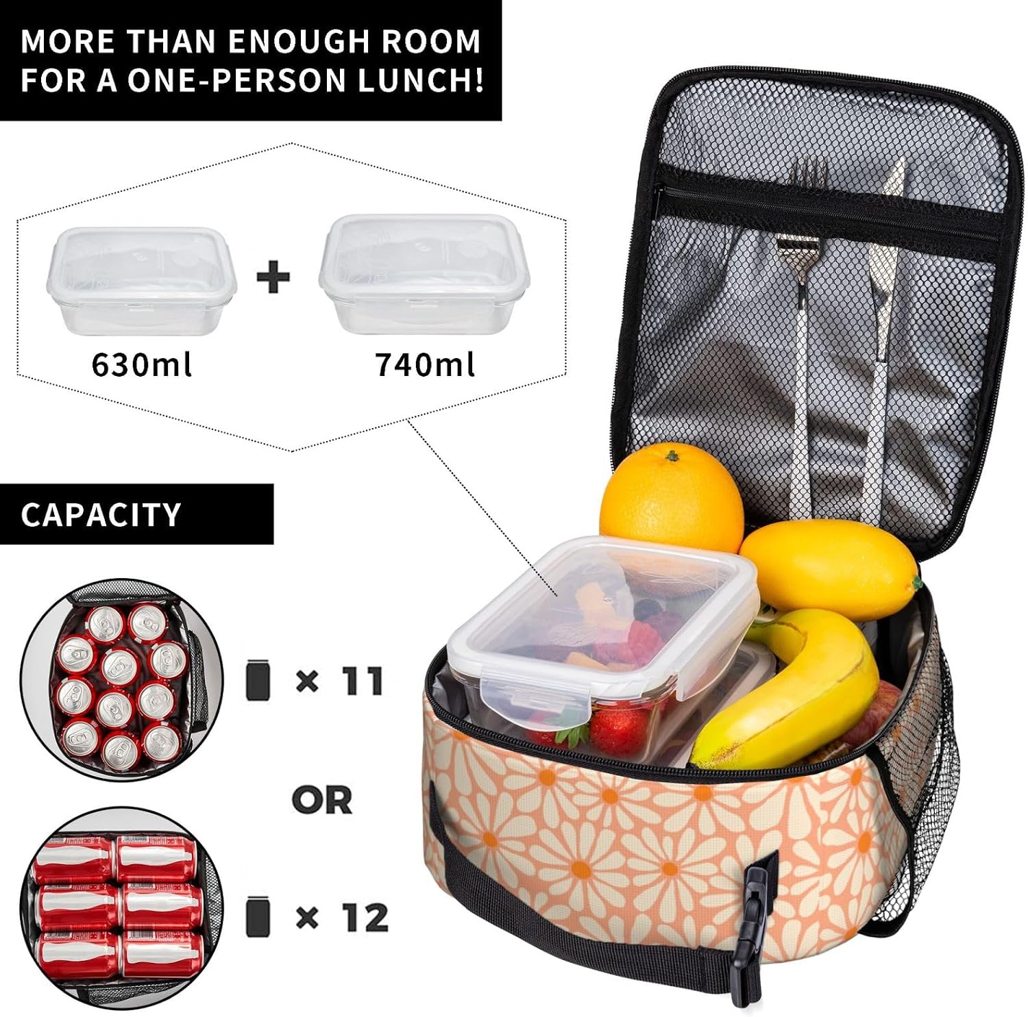 Orange Flower Insulated Lunch Bag Kids