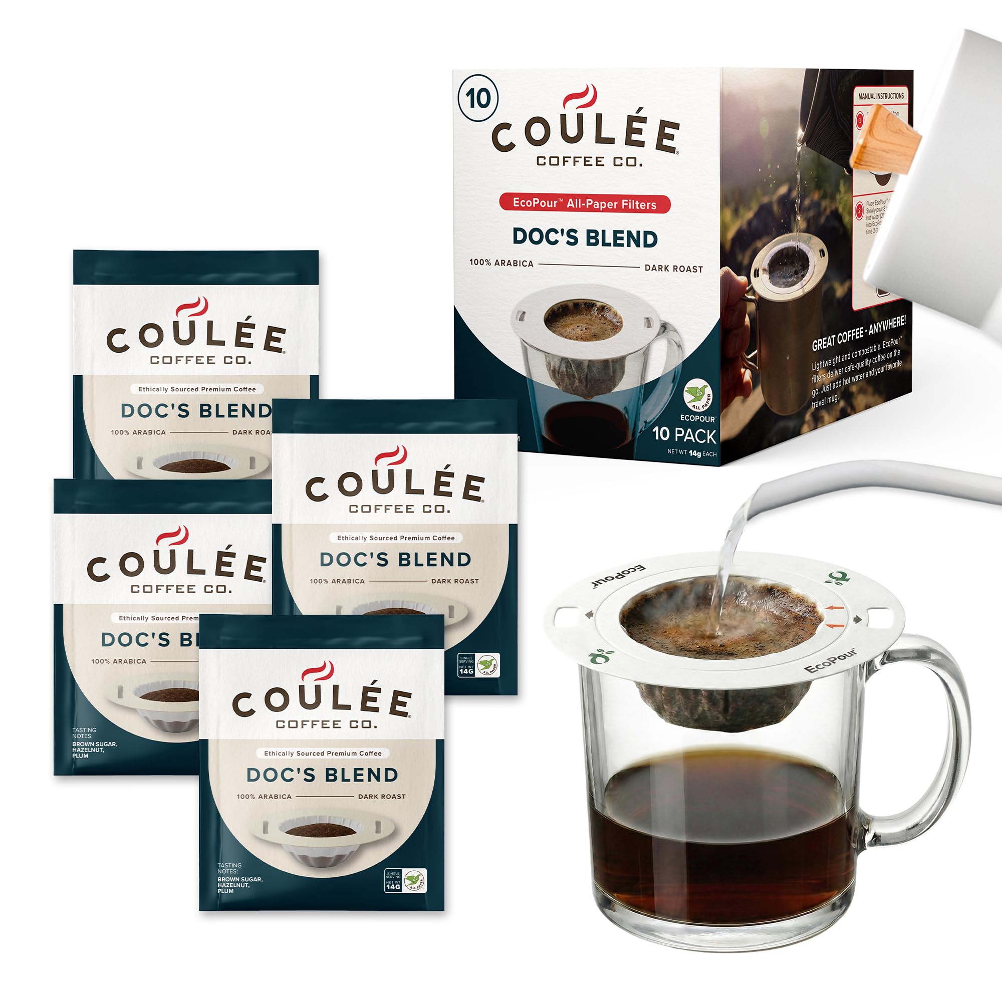EcoPour Doc's Blend Coffee, All Paper Single Serve Pour Over Arabic Coffee, Dark Roast, Use for Camping or Traveling, Pre Filled Compostable Filters, Ready to Brew with Hot Water, Plastic Free, 10 Pack