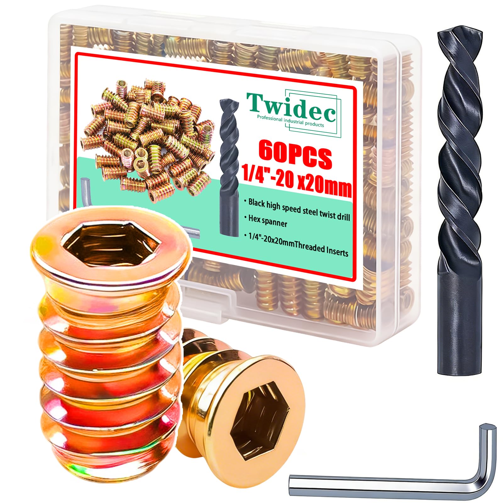 Twidec/60PCS 1/4"-20 Threaded Inserts for Wood Furniture Screw-in Nut Wood Inserts Bolt Assortment Kit with M6 Hex Wrench (1/4"-20 x20mm) N-059-1/4x20