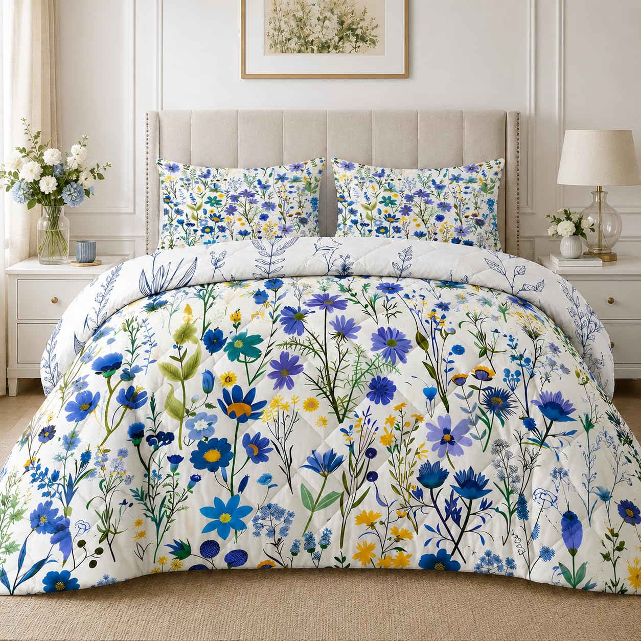LSSLK Coverless Duvet Double, Blue Floral Reversible Duvet 200x200 cm, Soft Microfiber Summer Quilt, Lightweight All Season Comforter, Machine Washable Bedding with 2 Pillowcases, Green Leaves
