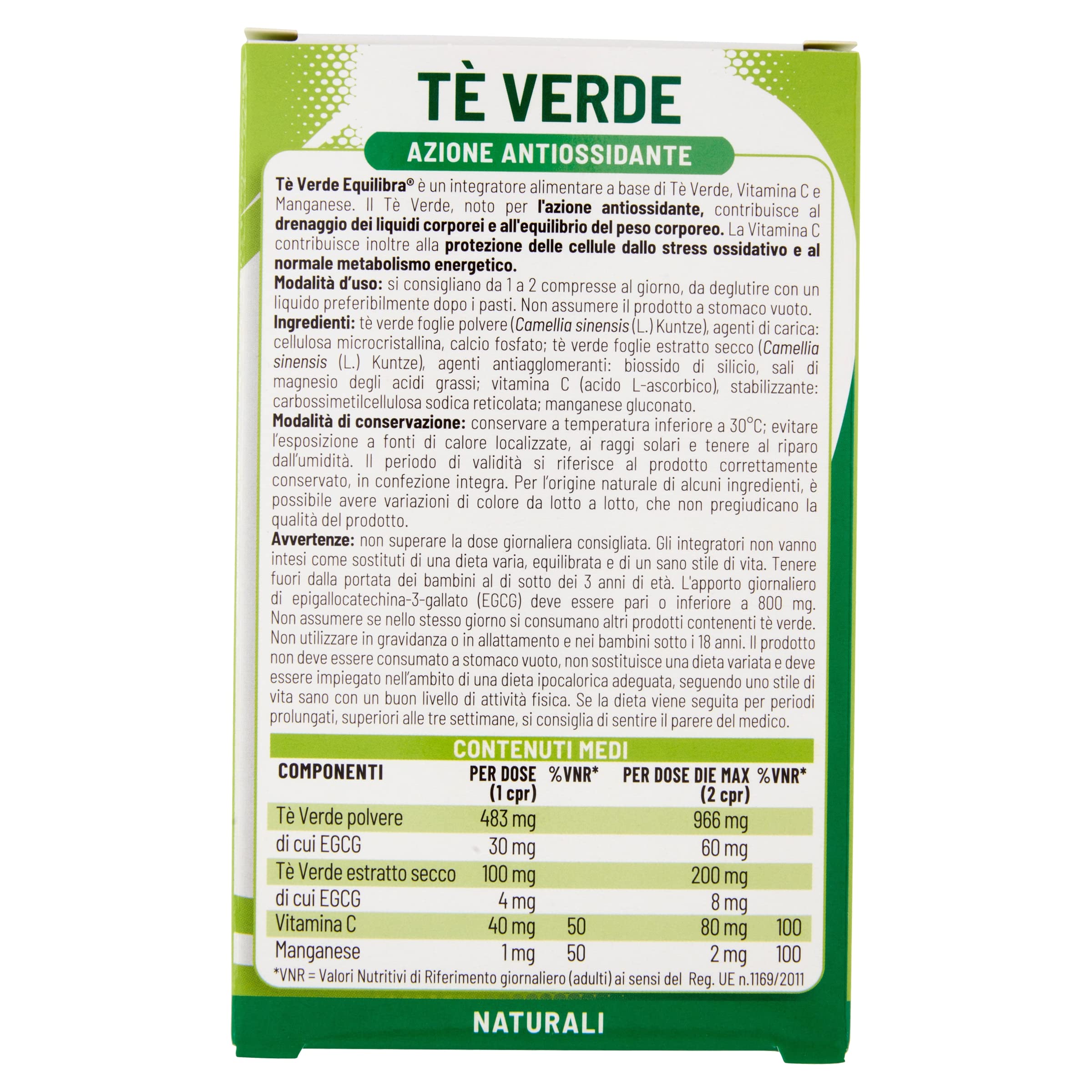 Equilibra Integratori Alimentari, Tè Verde, Integratore Antiossidante con Vitamina C e Manganese, Drenaggio dei Liquidi Corporei e Protezione delle Cellule dallo Stress Ossidativo, 40 Compresse