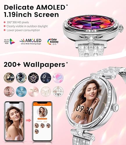 Miniatura 2 de LIGE Relojes inteligentes para mujer (respuestahacer llamadas) con diamantes, reloj inteligente AMOLED de 1.19 pulgadas con monitor de frecuencia