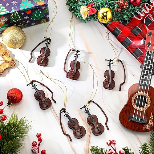 Miniatura 10 de Poen Mini adorno de violín para árbol de Navidad, decoración colgante de Navidad, adornos de instrumentos musicales, decoración de violín pequeño,