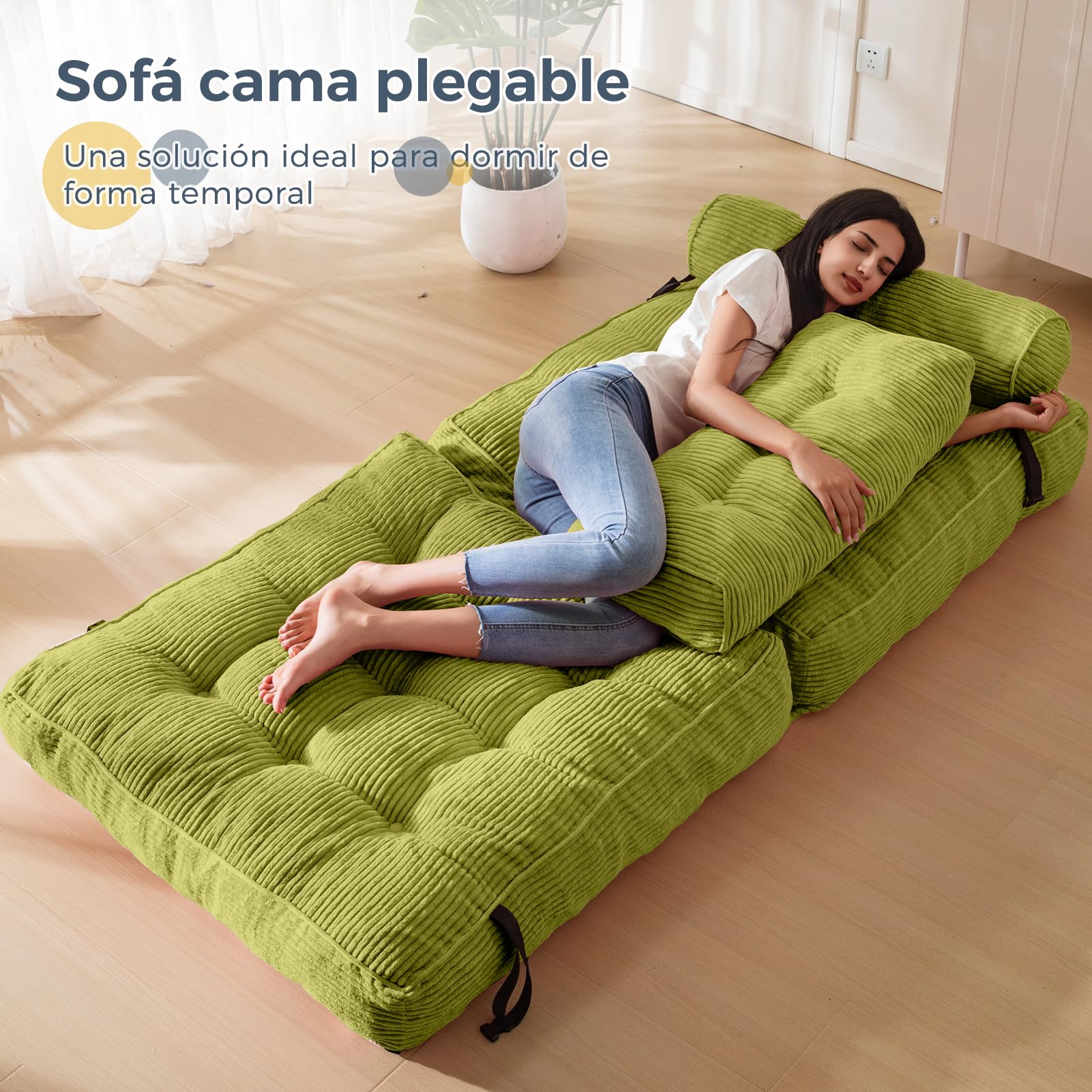 MAXYOYO Sofá cama plegable sofá cama convertible con cojines, colchón con respaldo, silla-cama portátil-Sofá de suelo cómodo para salón dormitorio, Verde