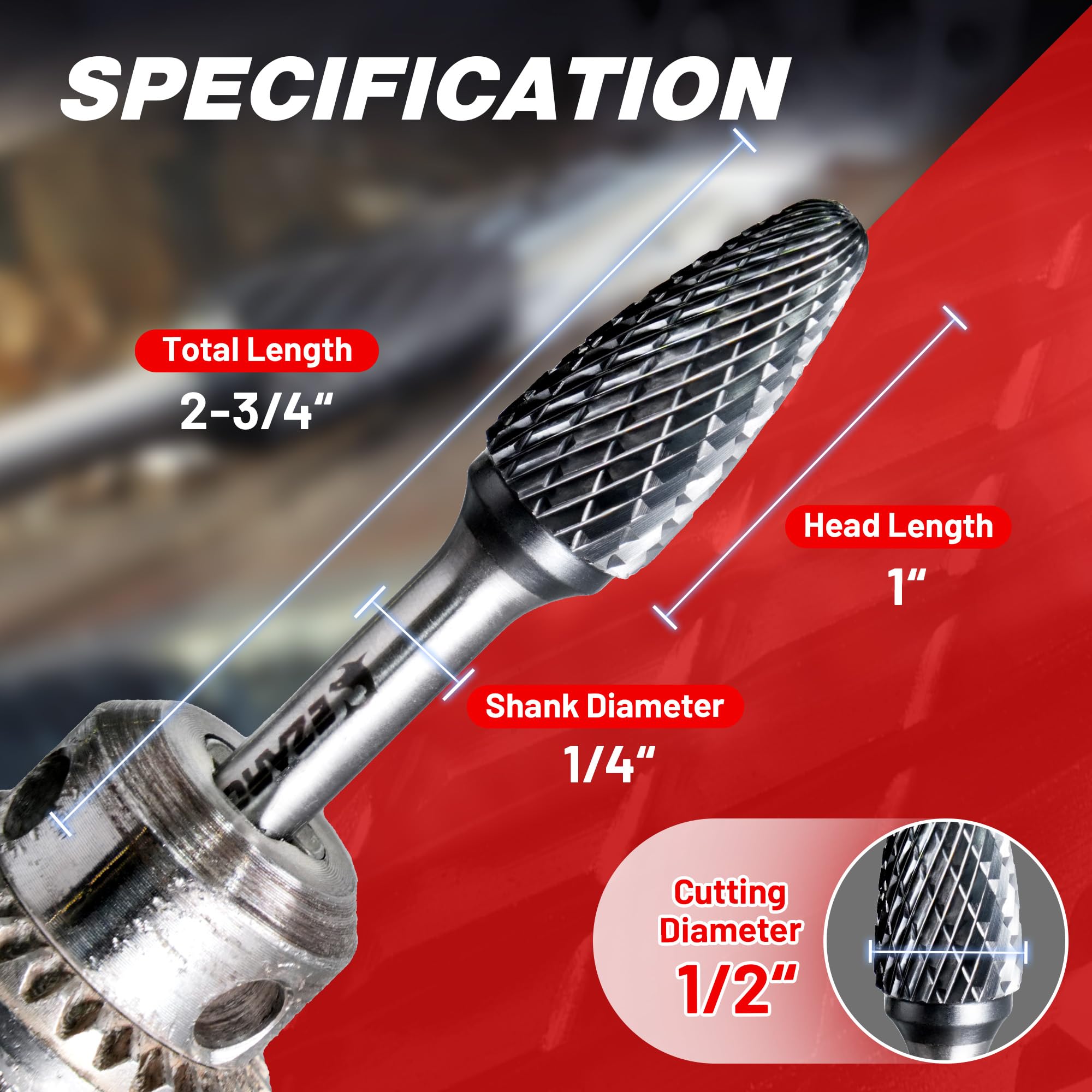 EZARC AlCrN Fraise rotative en carbure (Pro), Fraise à double tranchant en carbure SF-5 avec tige de 6,35 mm pour meuleuse pneumatique, Fraise de coupe pour travail des métaux durs, Lot de 1