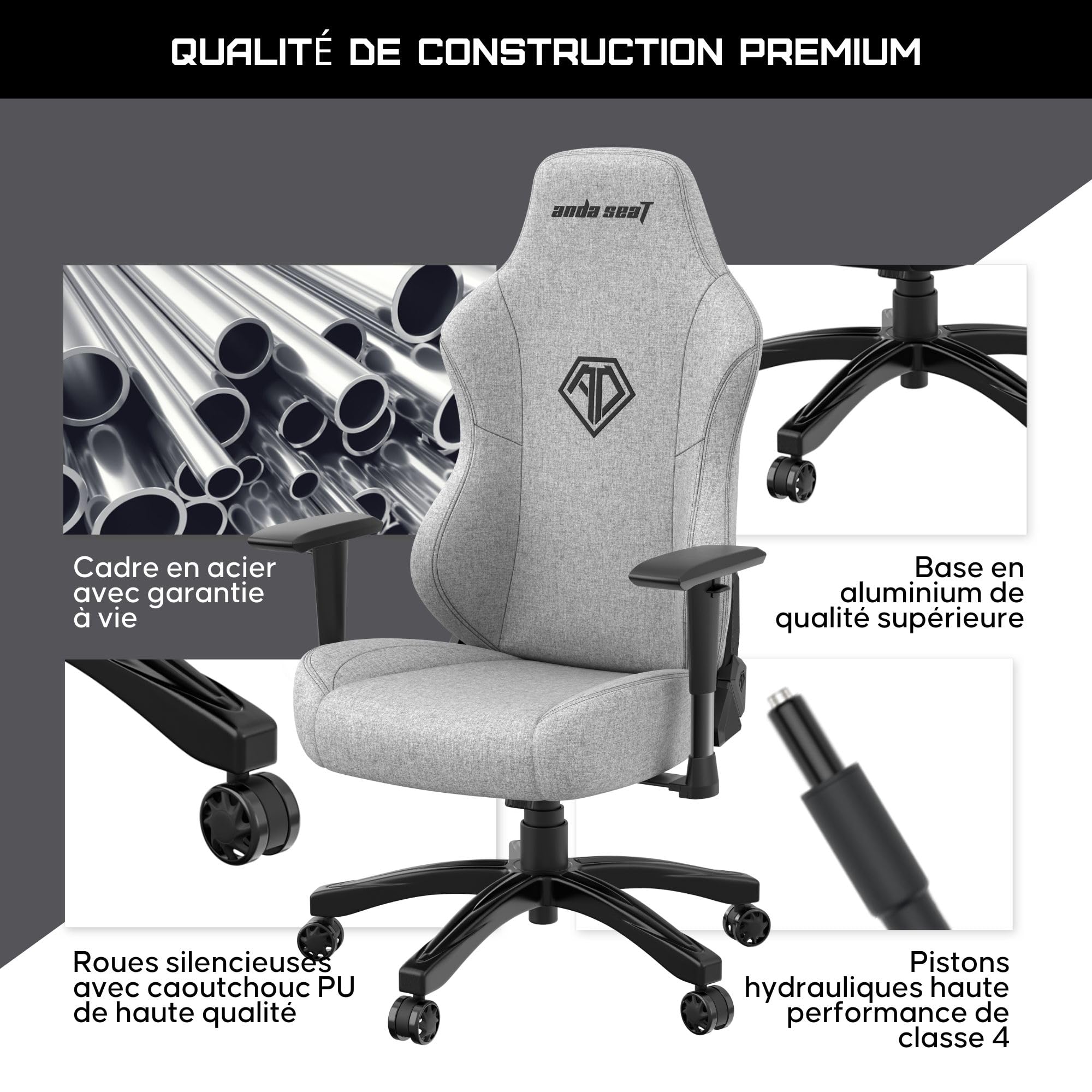Anda Seat Phantom 3 Grande Chaise Gaming en Tissue Gris – Fauteuil Gaming Adulte, Accoudoirs Réglables 2D, Grande Coussins pour la Tête et Les Lombaires – Chaise Gaming Ergonomique pour La Bureau