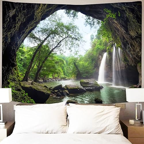 Miniatura 1 de Showutheworld Tapiz verde de paisaje natural, tapiz de selva tropical, tapices de cascada, río, puente de madera, tapiz colgante de pared para sala