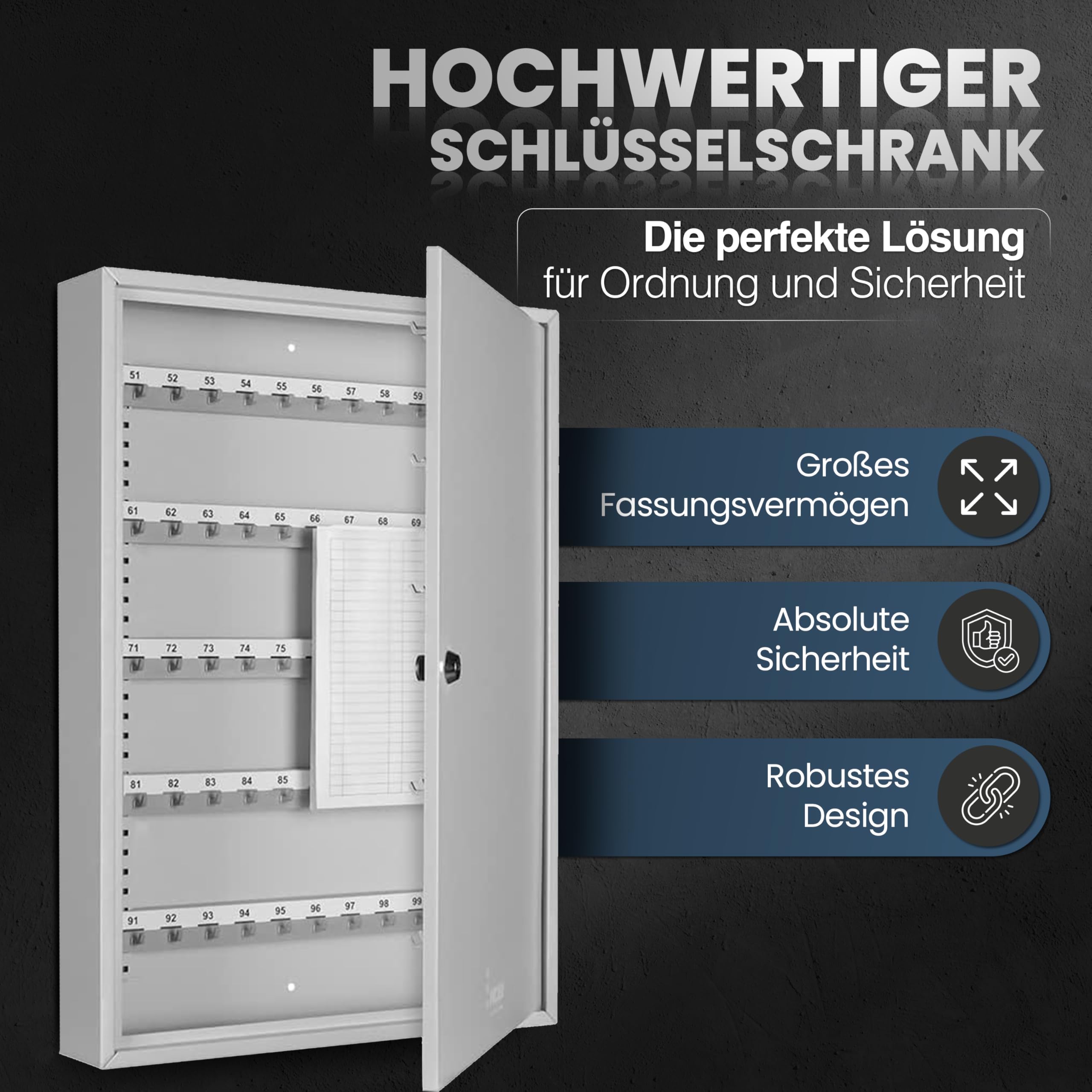 Schlüsselkasten SD100 Schlüsselschrank 100 Haken Stahl abschließbarer Safe magnetische Außenseite höhenverstellbare Leisten Wandmontage 55x38x8cm