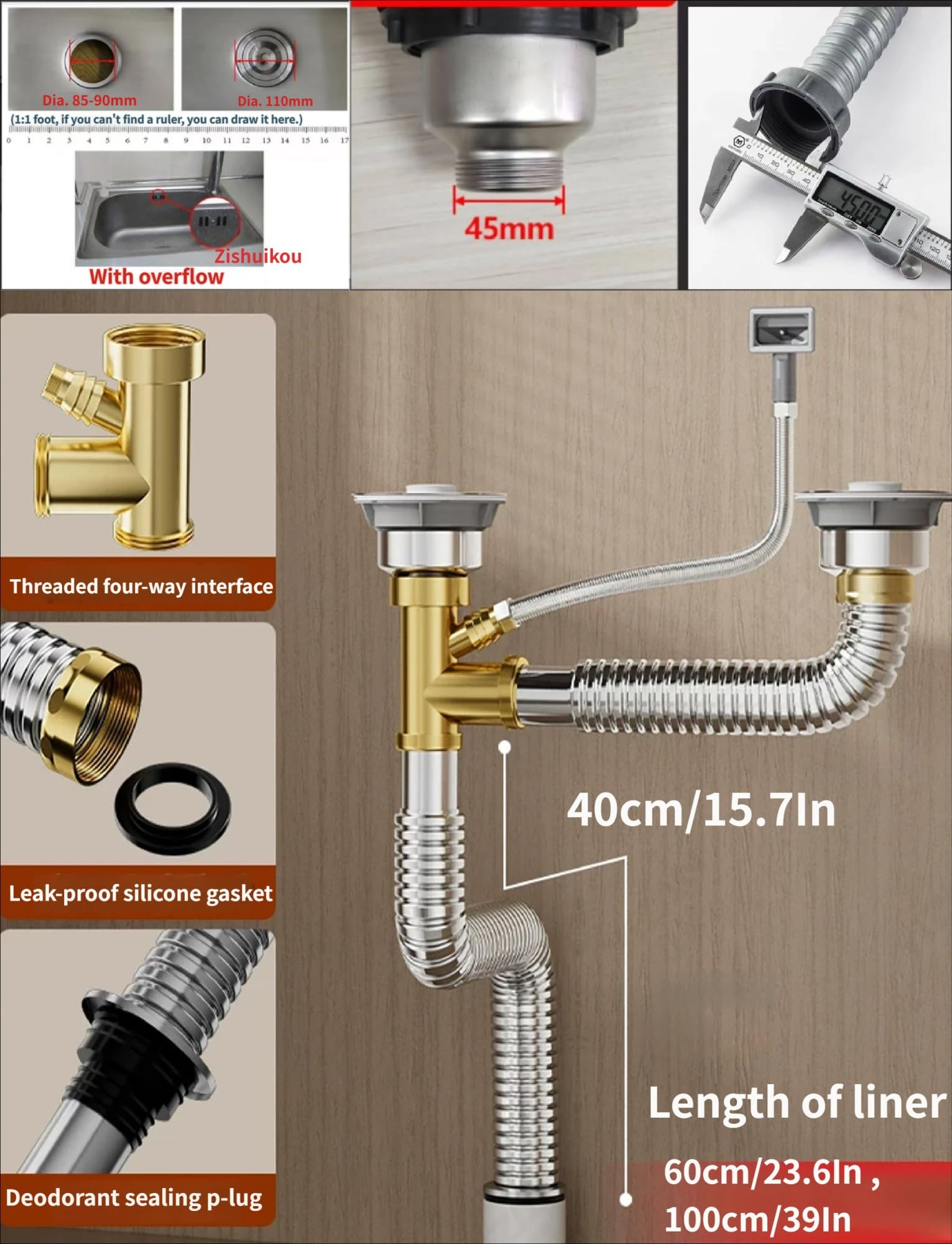 Kit di scarico universale for lavello in acciaio inox con troppopieno, sifone a P flessibile e tubo di scarico prolunga, gruppo completo di scarico for lavello da cucina(60cm-23.6In)