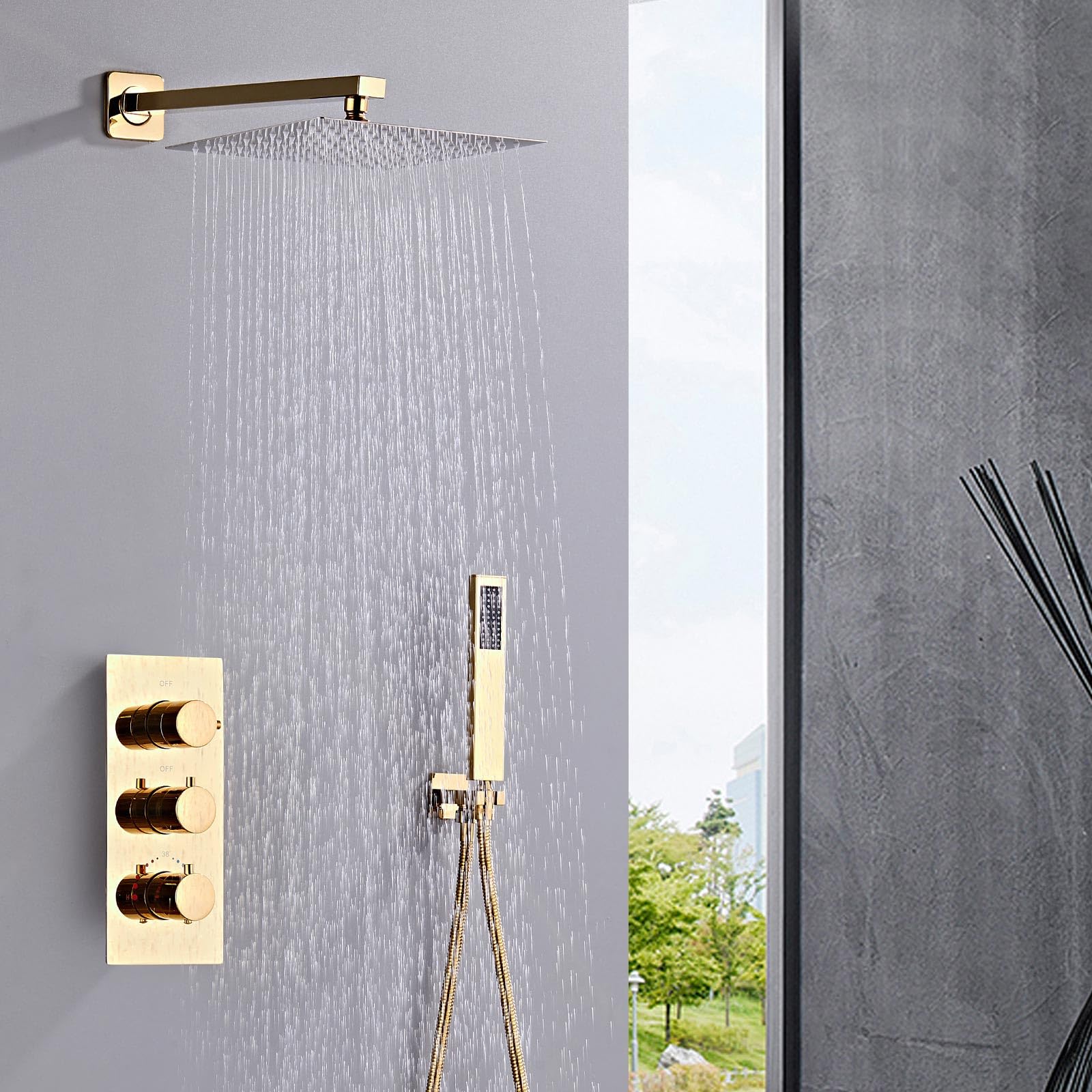 SaniteModar Douche Encastrée avec Mitigeur Thermostatique, Or Poli | Douche pluie carrée 40x40cm, flexible 1,5m; buses silicone faciles nettoyage; design caché; pas dégâts muraux en réparation
