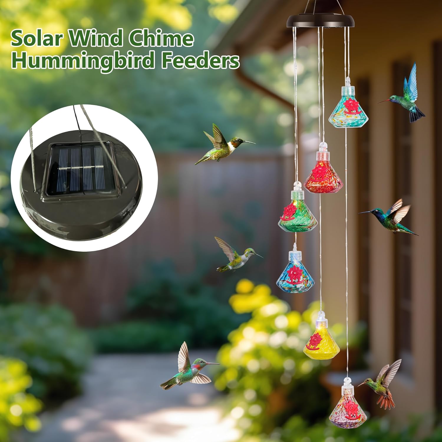 LUJII Solar-Powered Wind Chimes Hummingbird Feeders for Outdoor Use, Featuring LED-Lit Wires, 6 Handcrafted Glass Reservoirs, RGB Lighting, Diamond-Shaped