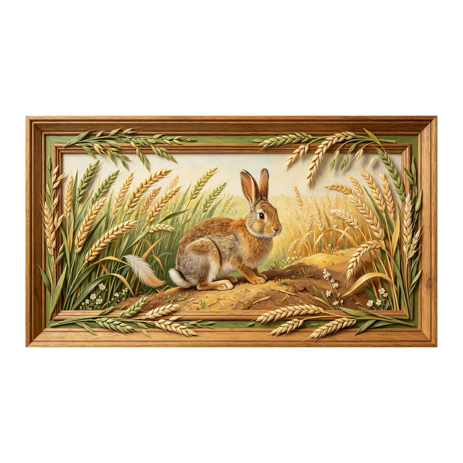 Yzpallescene 3D 3D Framed Wall Art 50cm×90cm Rabbit Wheat Field Pastoral Realistic Painting Large Size SelfAdhesive Removable Wall Decor Prints Artwork for Living Room Bedroom Office