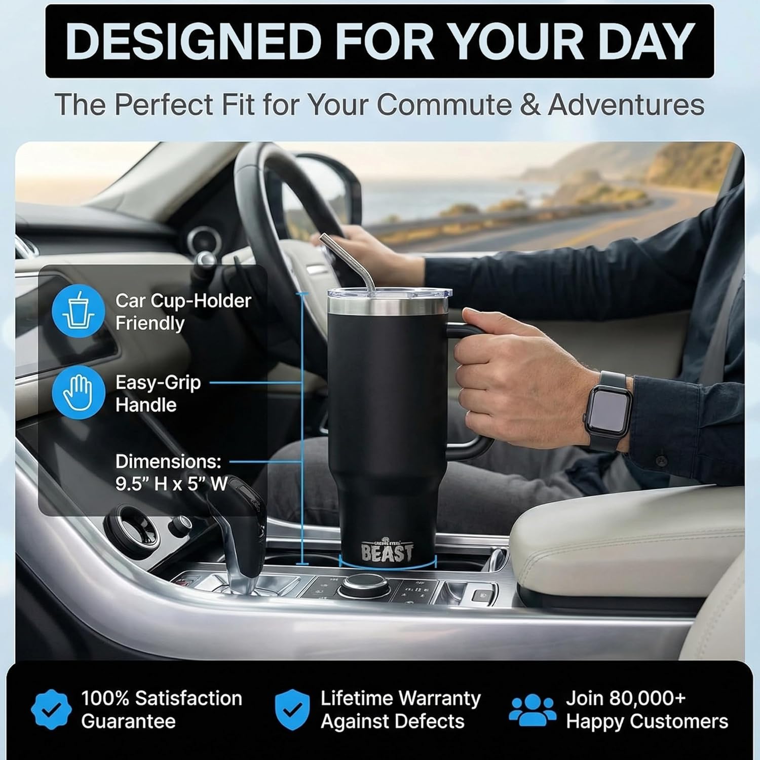 Beast 42 oz Tumbler with Handle Stainless Steel Vacuum Insulated Coffee Ice Cup Double Wall Travel Flask (Matte Black) - Image 7