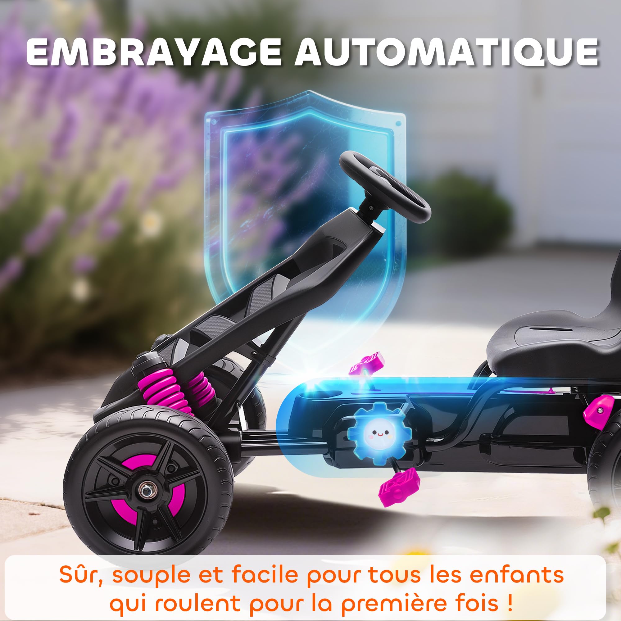 AIYAPLAY Kart a pedales para niños, karting infantil con embrague automático, freno, ruedas de EVA antideslizantes, avanzar y retroceder, coche a pedales para niños de 3 a 6 años, rosa