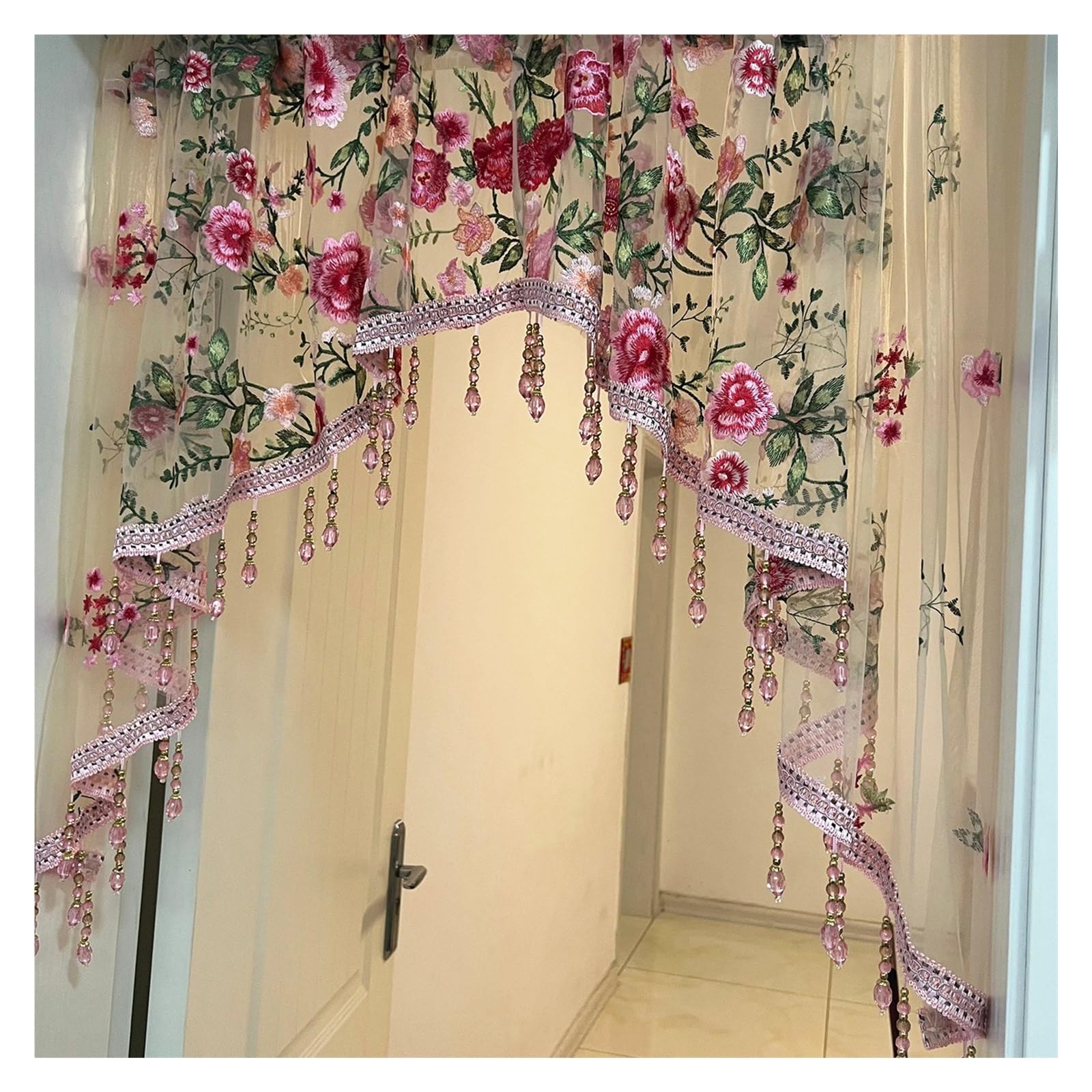 Rideaux de porte, cantonnière courte en dentelle, demi-rideau décoratif, rideaux de porte-fenêtre avec perles, broderie florale, rideau séparateur de pièce, for salon, salle de bain(Pink,65-105cm)
