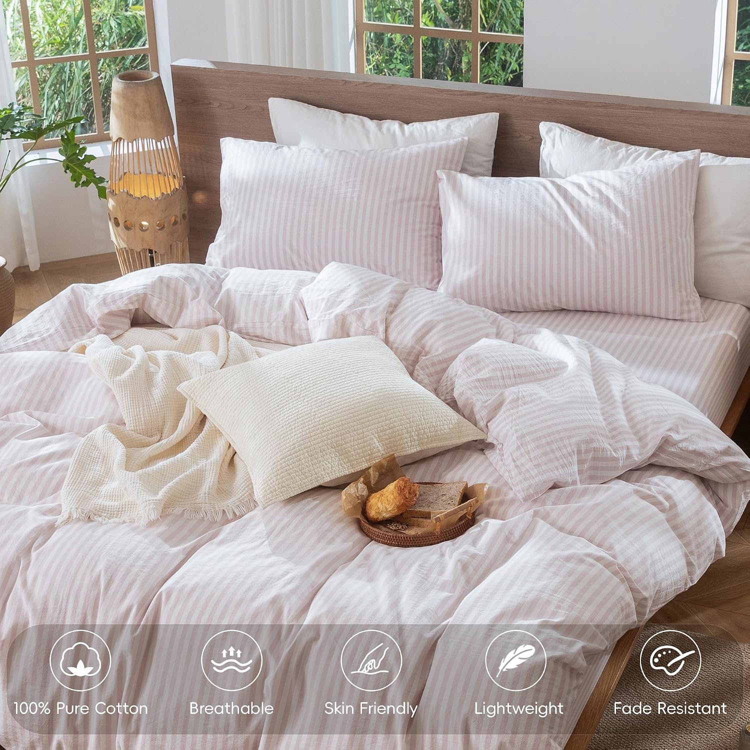 MooMee Striped Duvet Cover Set 100% Washed Cotton Linen Like Textured Breathable Durable Soft Comfy (Heathered Greyish Pink Classic Stripes, Twin 68"x90") thumbnail