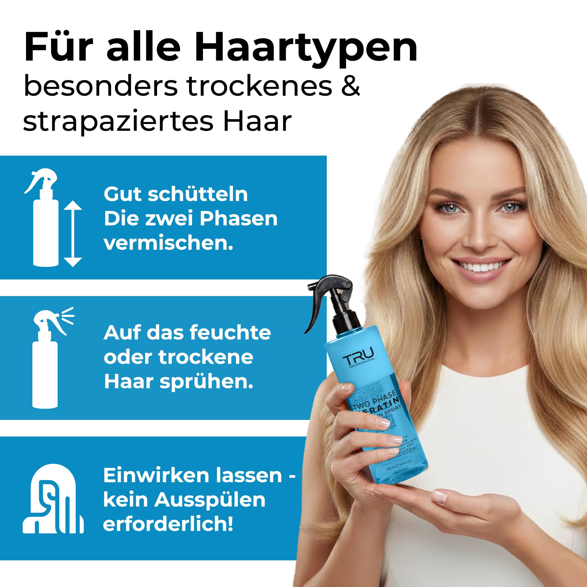 TRU Two-Phase Keratin Leave-In Spray (2er Pack) 2x 400 ml, Anti-Frizz 2-Phasen Haarpflege mit UV-Schutz