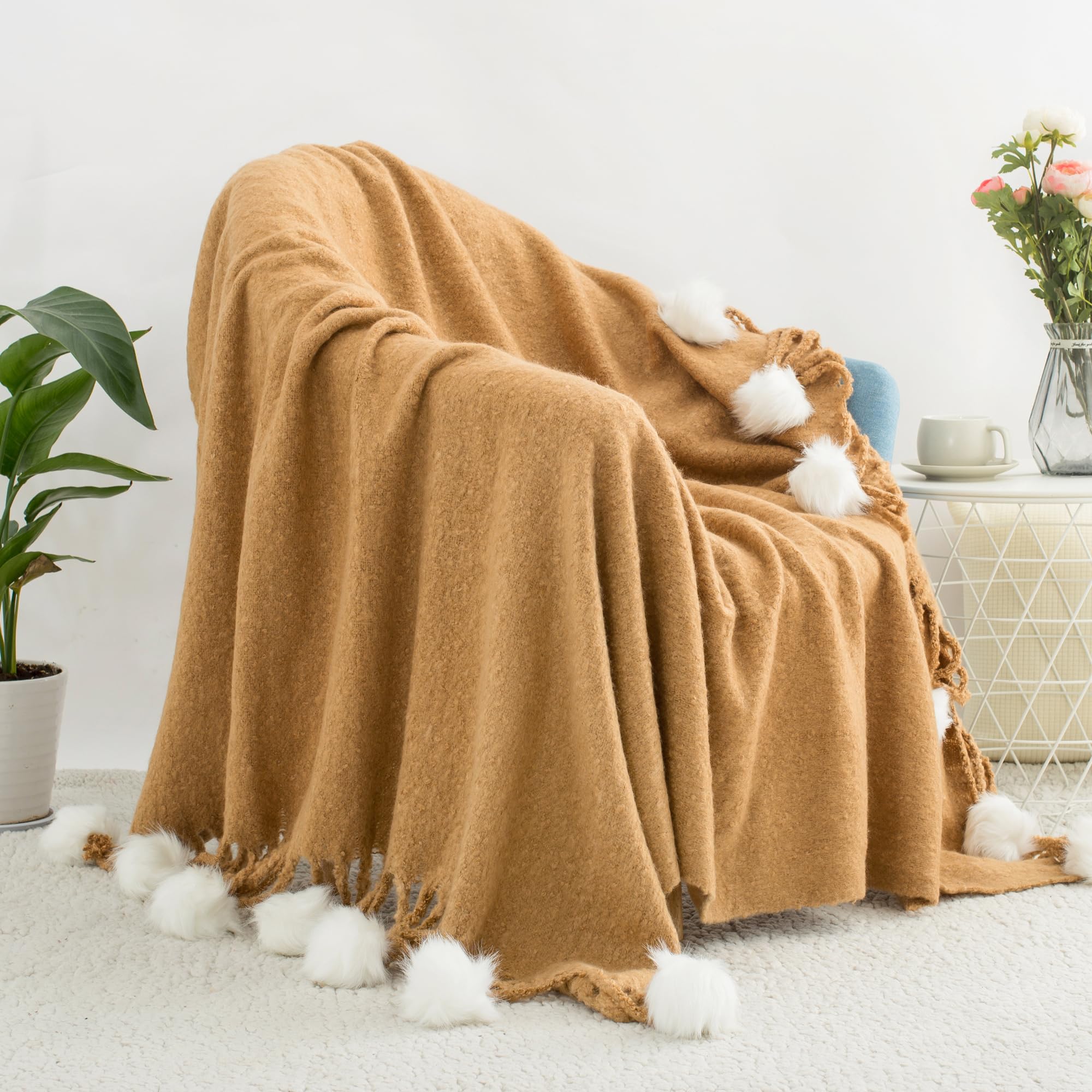 Amazon.com: GINAMUSE Camel Pom Pom Throw Blanket for Couch, 50
