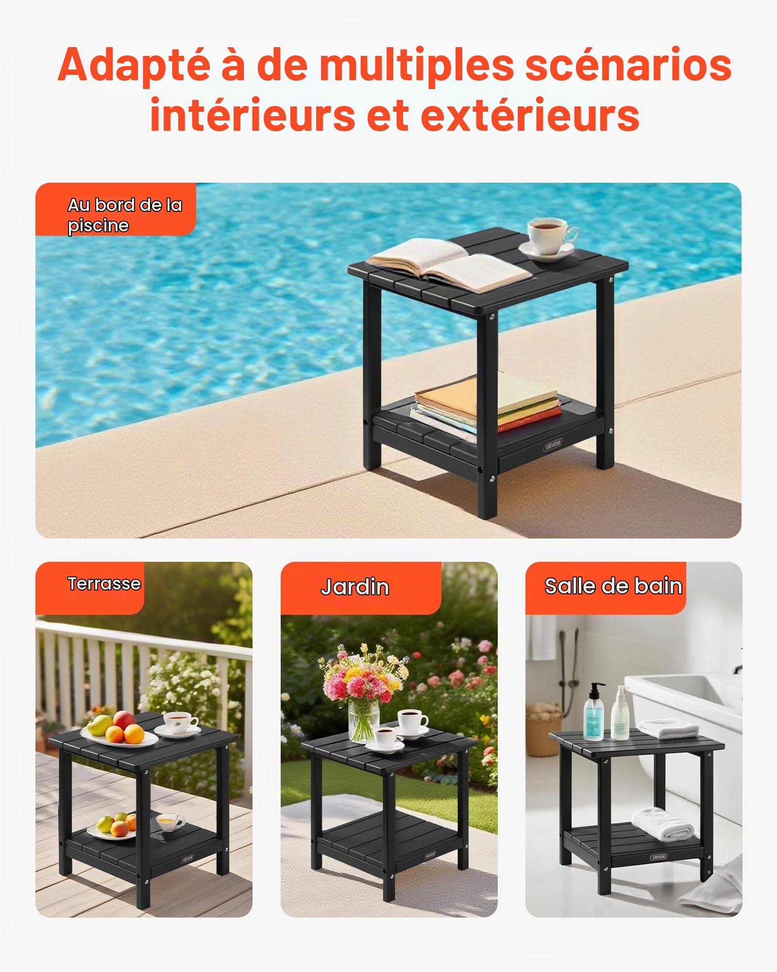 VEVOR Table d'Appoint Extérieur Jardin, 2 Niveaux, 45 x 38 x 44 cm, en PEHD, Entretien Facile, Résiste aux Intempéries, pour Terrasse, Bord de Piscine, Plage, Porche, Patio, Balcon, Intérieur, Noir