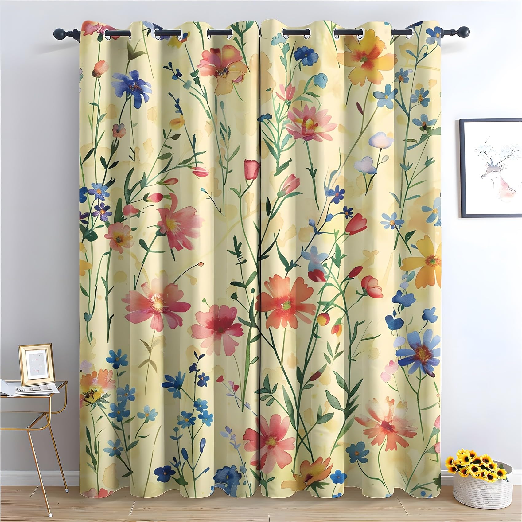 KaiHeBeding Wildflowers Blackout Curtains for Bedroom - Rustic Garden Florals Living Room Curtains 90x90 Eyelet - Soft Thermal Insulated Patterned Drapes for Windows - 2 Panels