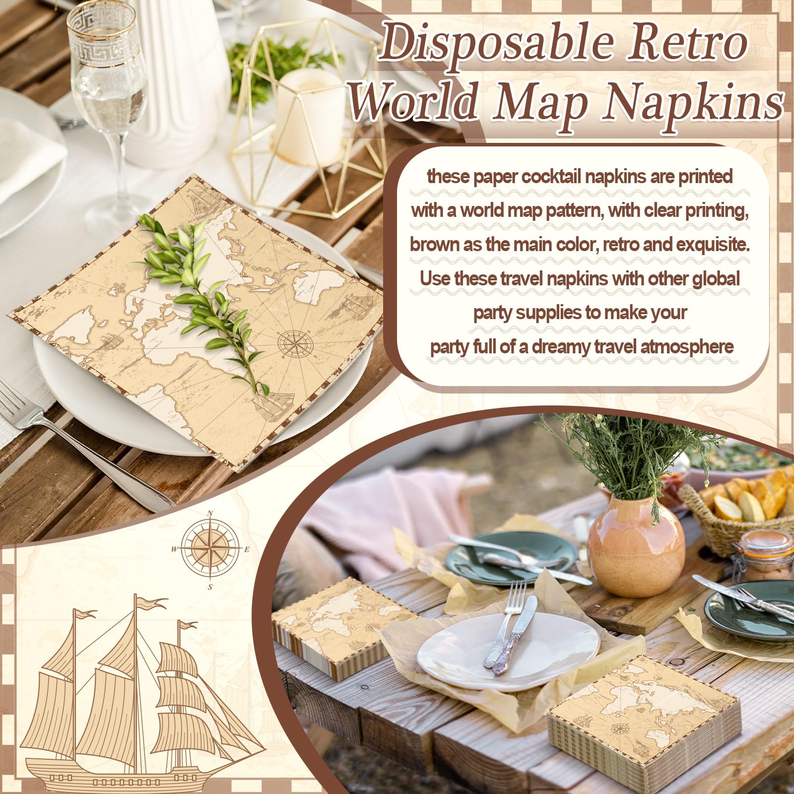60 servilletas de papel vintage con mapa del mundo, desechables, para decoupage, cumpleaños, boda, despedida de soltera, viajes, fiesta temática (6.5 x 6.5 pulgadas)