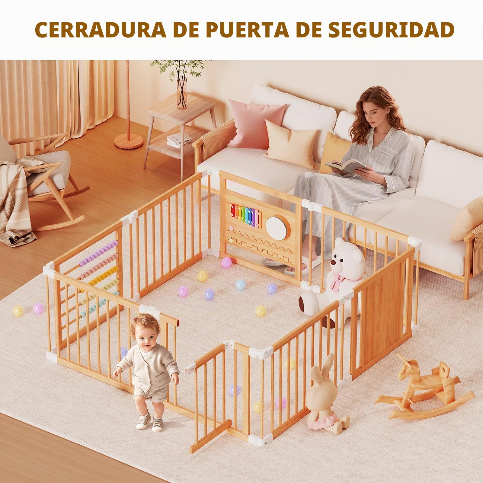 Meublaty Parque Bebé Plegable de Madera 160x160x61cm, Niño, Juegos -8 piezas | Modular y ajustable, Zona de juegos plegable, Recinto de seguridad, Uso interior