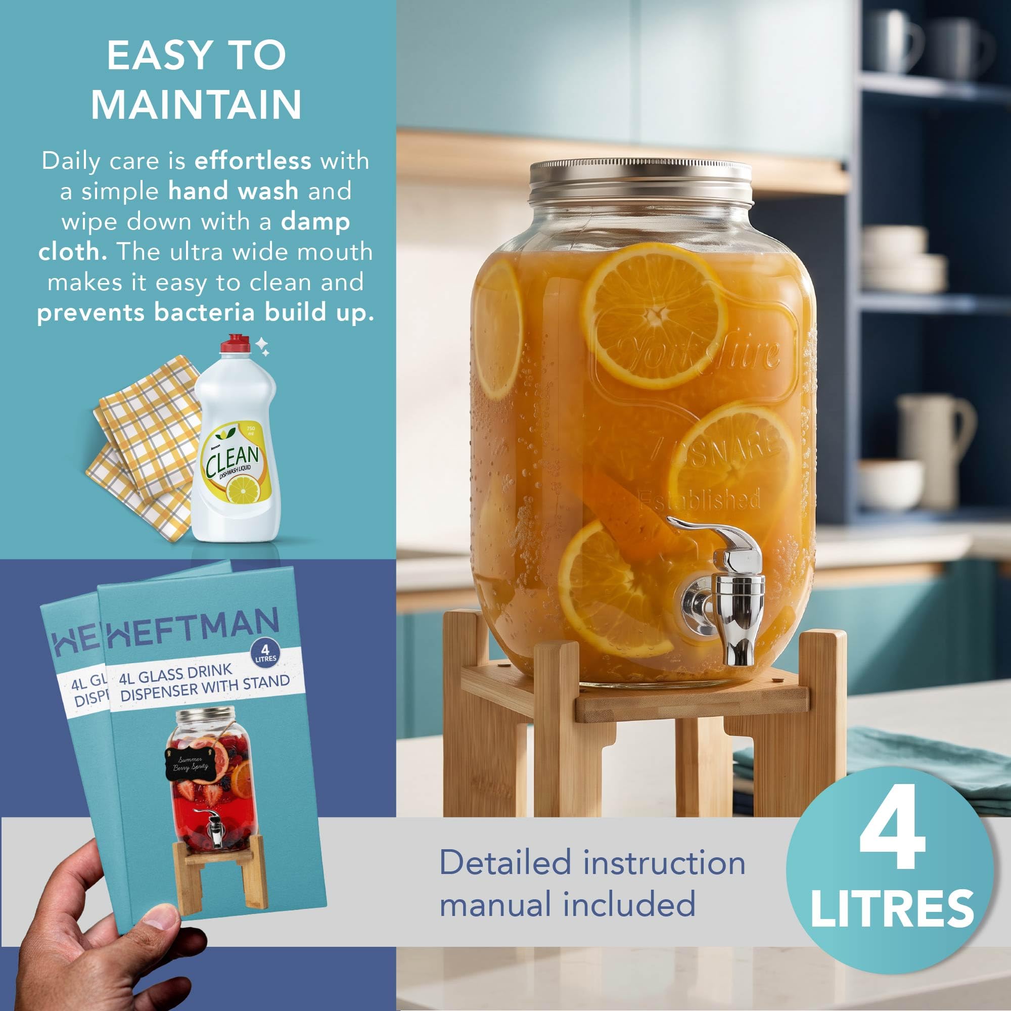 HEFTMAN Distributore di bevande in vetro con rubinetto, 4 litri, vuoto, con robusto supporto in bambù, per acqua, succhi, cocktail, limonata